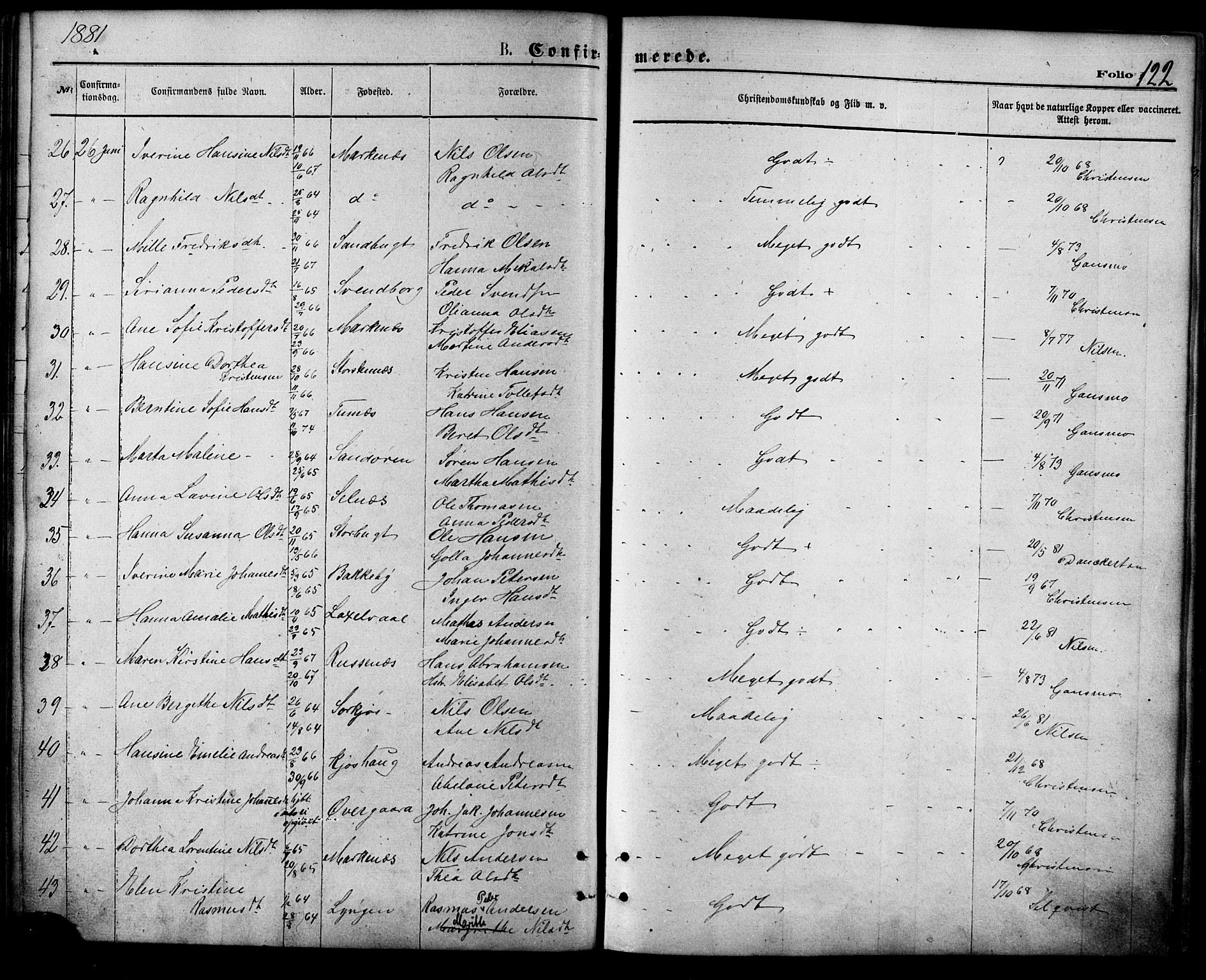 Balsfjord sokneprestembete, SATØ/S-1303/G/Ga/L0004kirke: Parish register (official) no. 4, 1871-1883, p. 122