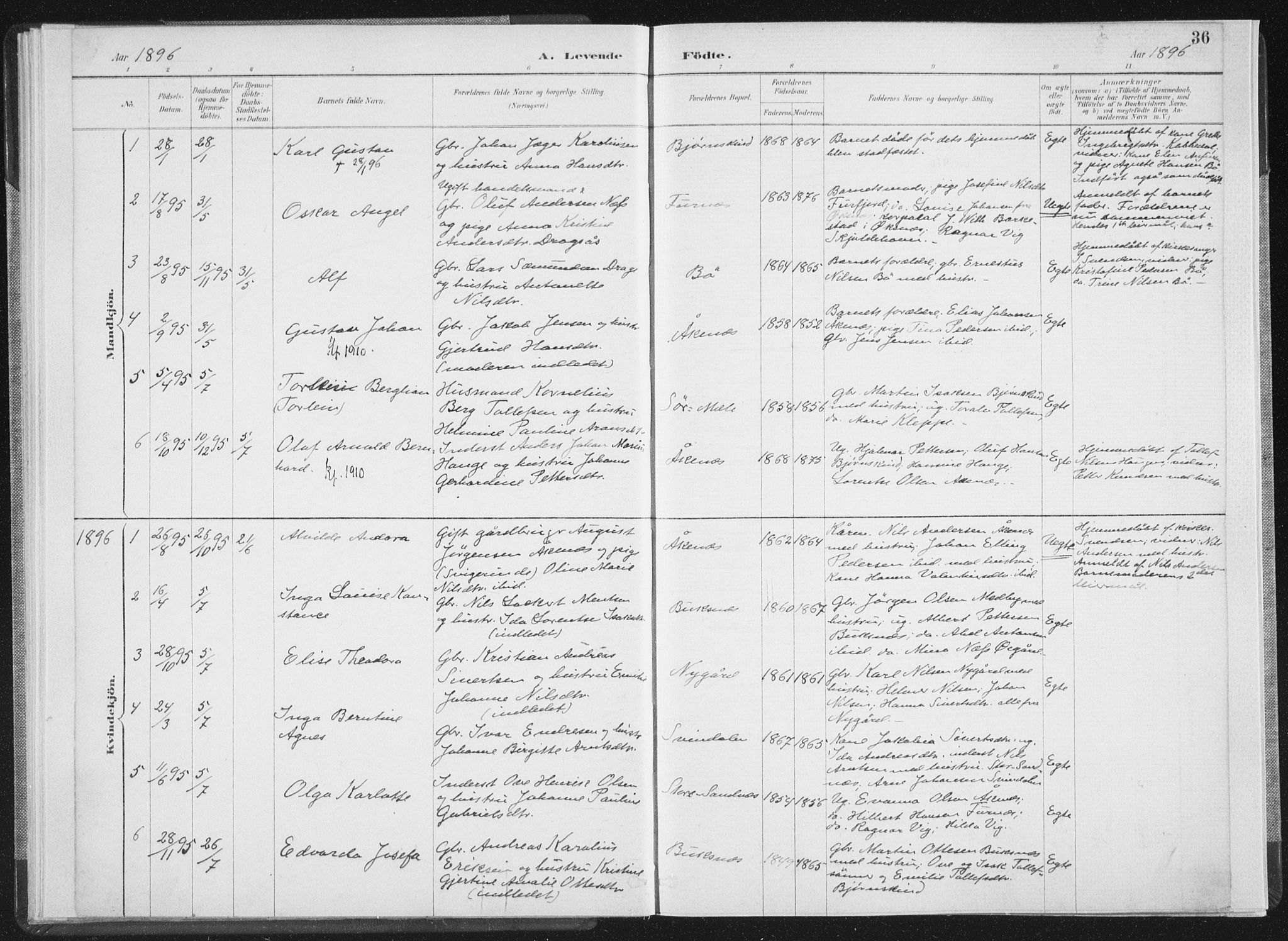 Ministerialprotokoller, klokkerbøker og fødselsregistre - Nordland, AV/SAT-A-1459/898/L1422: Parish register (official) no. 898A02, 1887-1908, p. 36