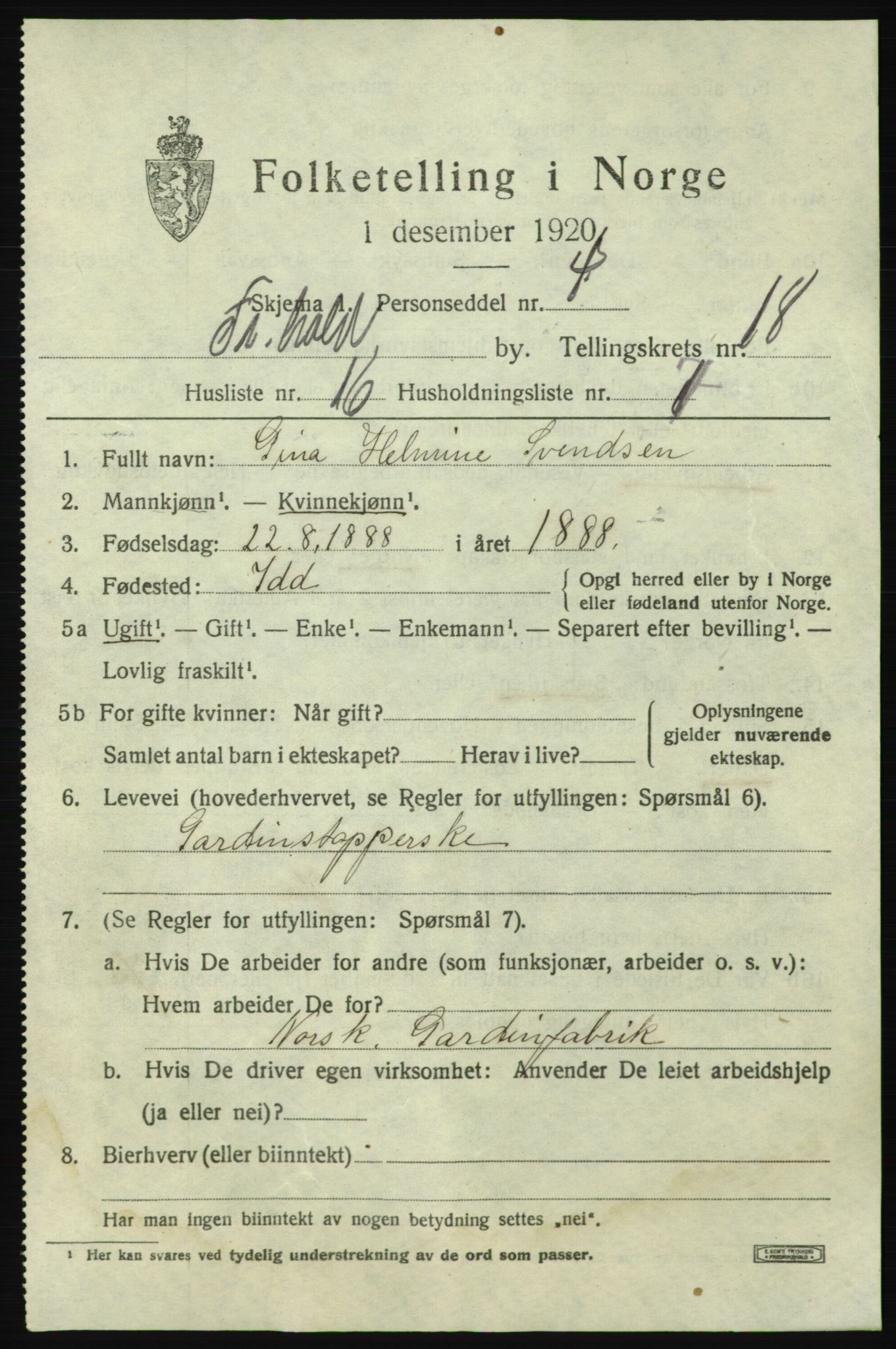 SAO, 1920 census for Fredrikshald, 1920, p. 27491