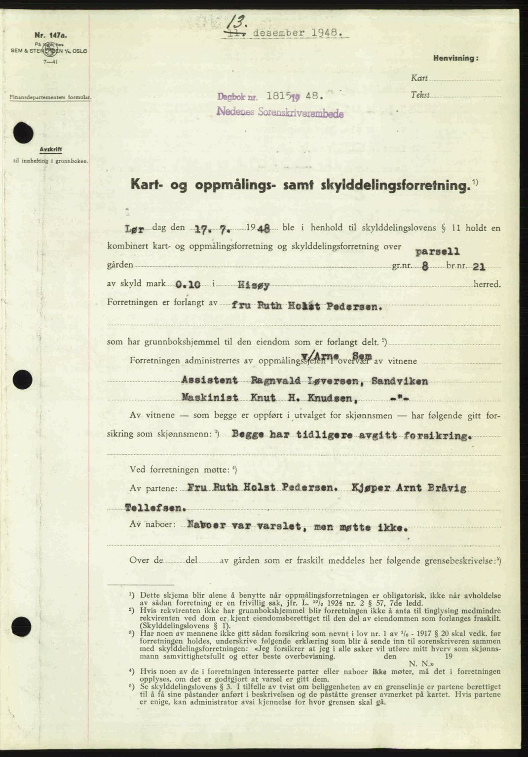 Nedenes sorenskriveri, AV/SAK-1221-0006/G/Gb/Gba/L0060: Mortgage book no. A12, 1948-1949, Diary no: : 1815/1948