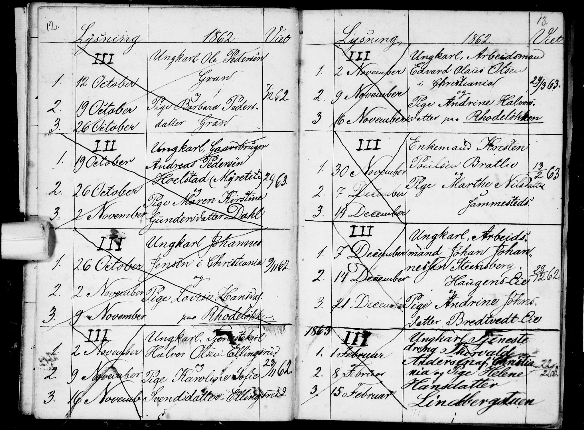 Østre Aker prestekontor Kirkebøker, SAO/A-10840/H/Ha/L0002: Banns register no. I 2, 1861-1872, p. 12-13