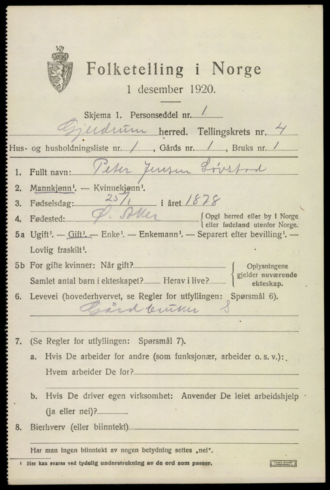 SAO, 1920 census for Gjerdrum, 1920, p. 3300