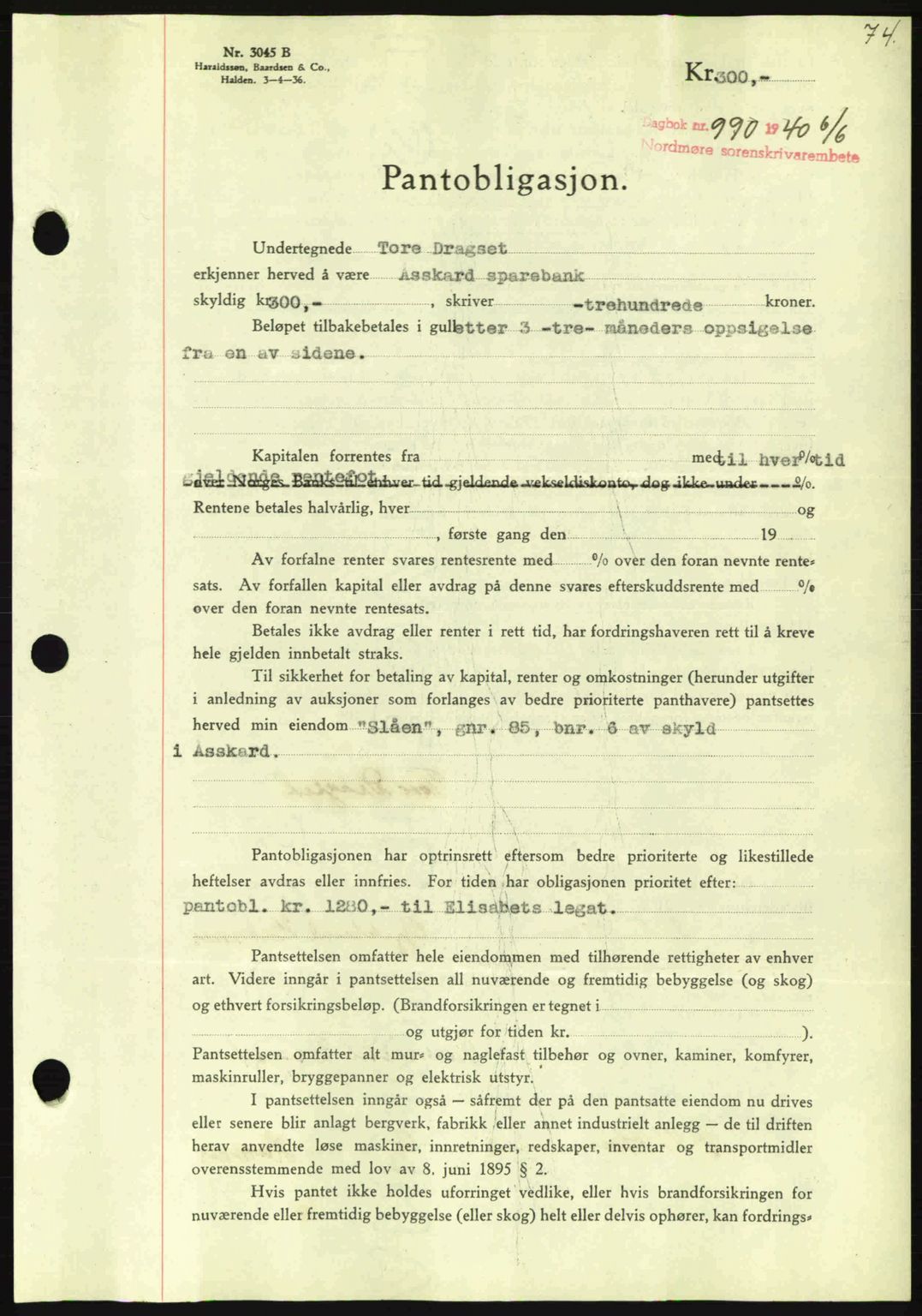 Nordmøre sorenskriveri, AV/SAT-A-4132/1/2/2Ca: Mortgage book no. B87, 1940-1941, Diary no: : 990/1940