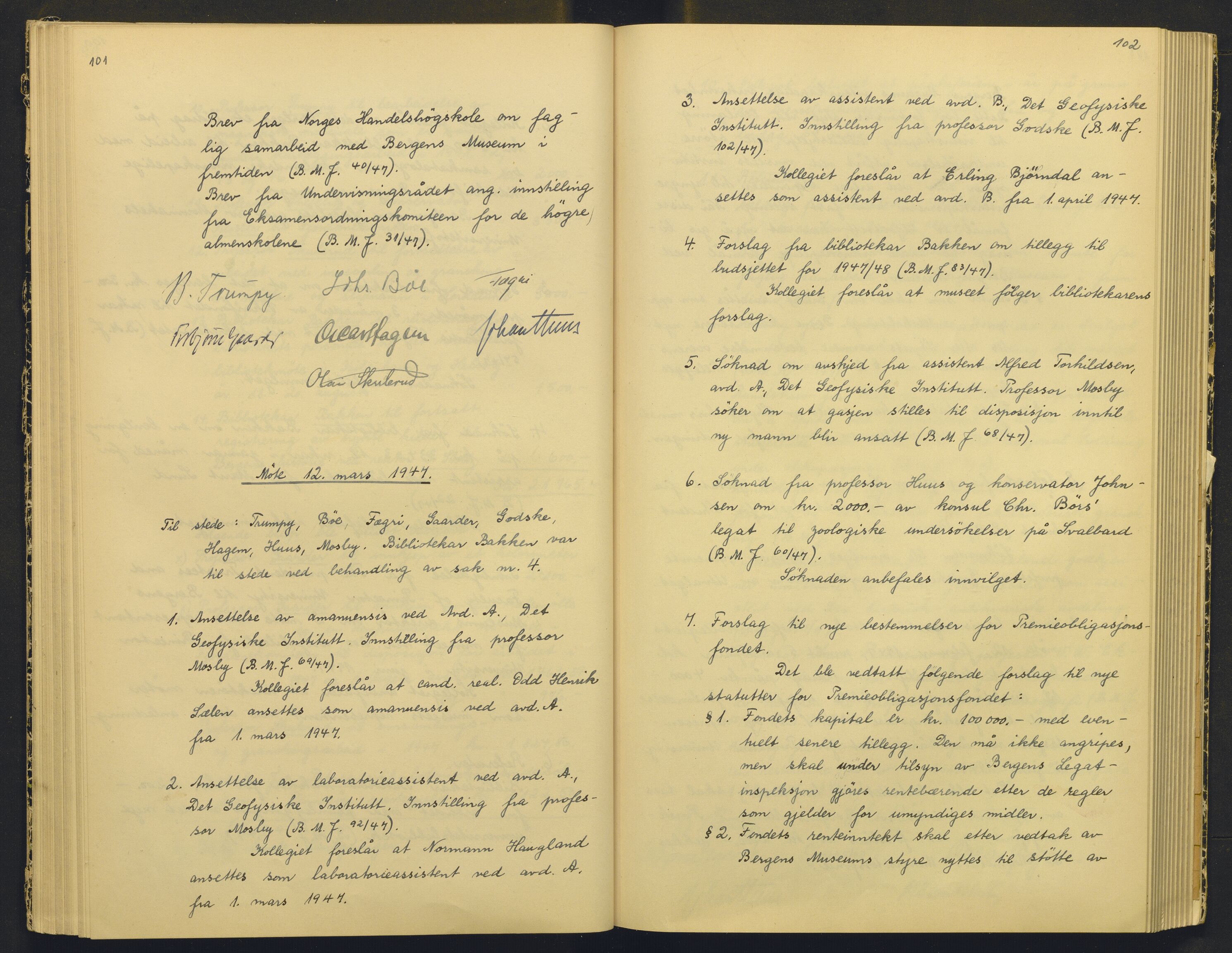Bergens Museum, AV/SAB-A-17301/18/A/L0004: Professorkollegiets møtebok med register , 1945-1949, p. 101-102