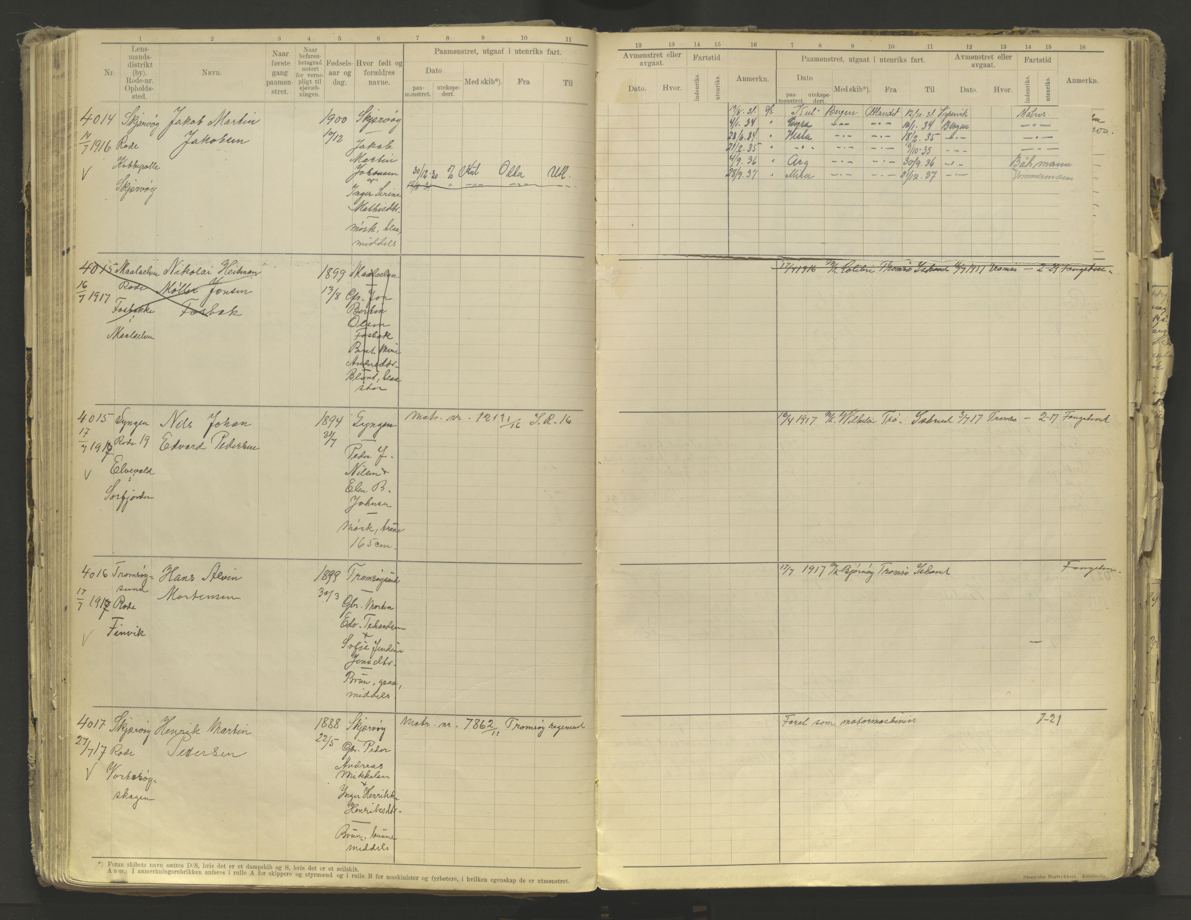 Tromsø sjømannskontor/innrullerings-/mønstringsdistrikt, AV/SATØ-S-0243/F/Fb/L0010: Annotasjonsrulle. Defekt: løs innbinding. Nr. 3519-4972, 1916-1920