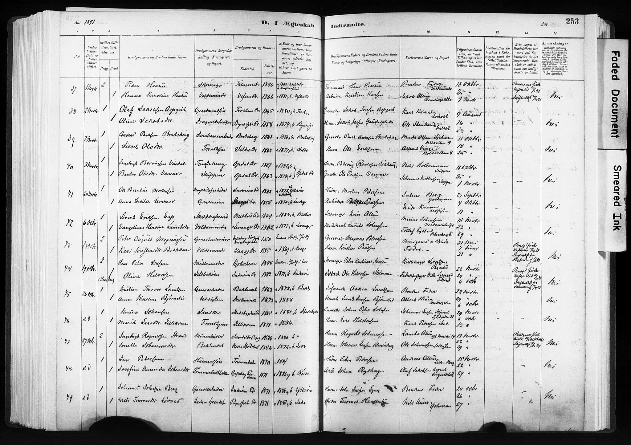 Ministerialprotokoller, klokkerbøker og fødselsregistre - Sør-Trøndelag, AV/SAT-A-1456/606/L0300: Parish register (official) no. 606A15, 1886-1893, p. 253