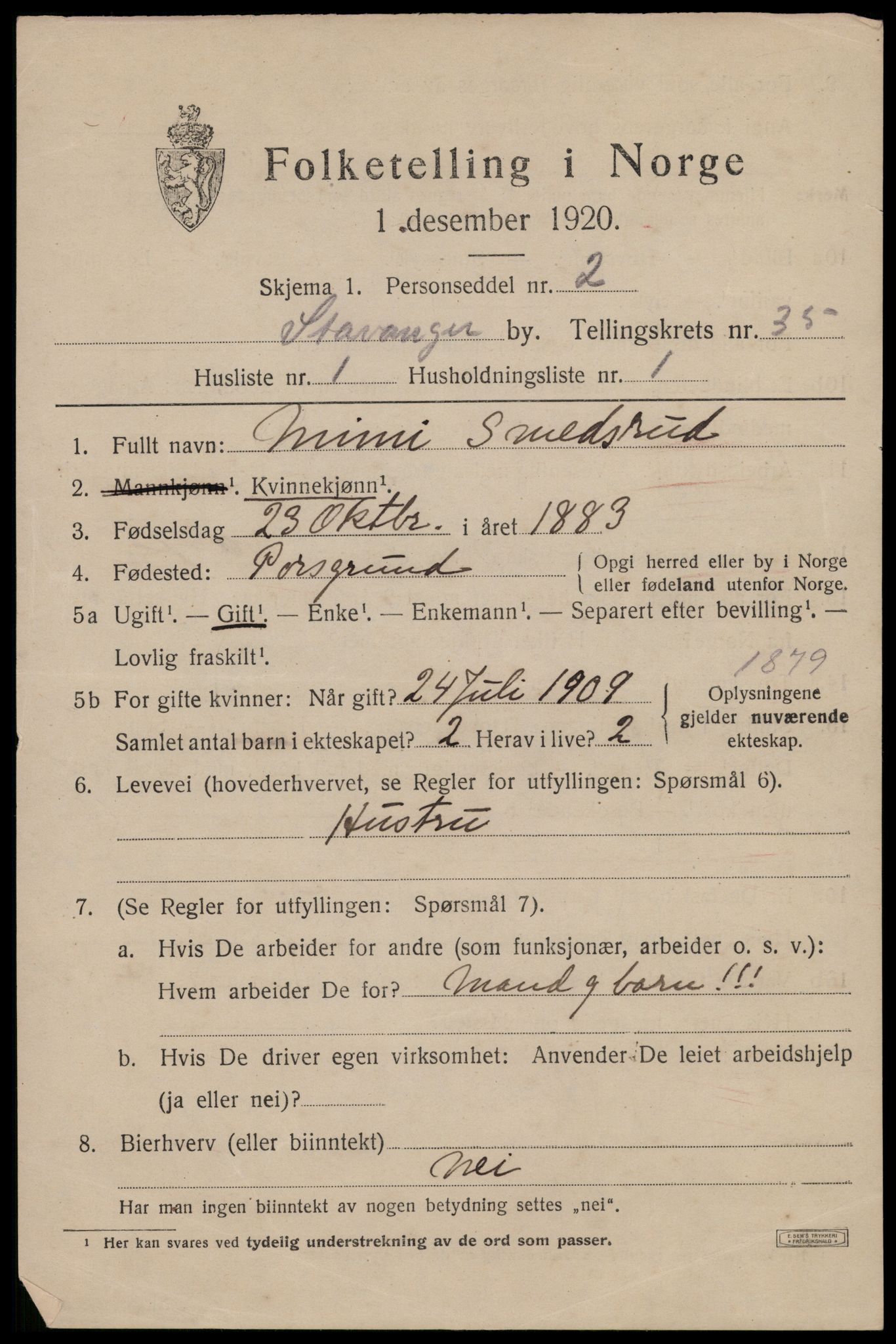 SAST, 1920 census for Stavanger, 1920, p. 93966