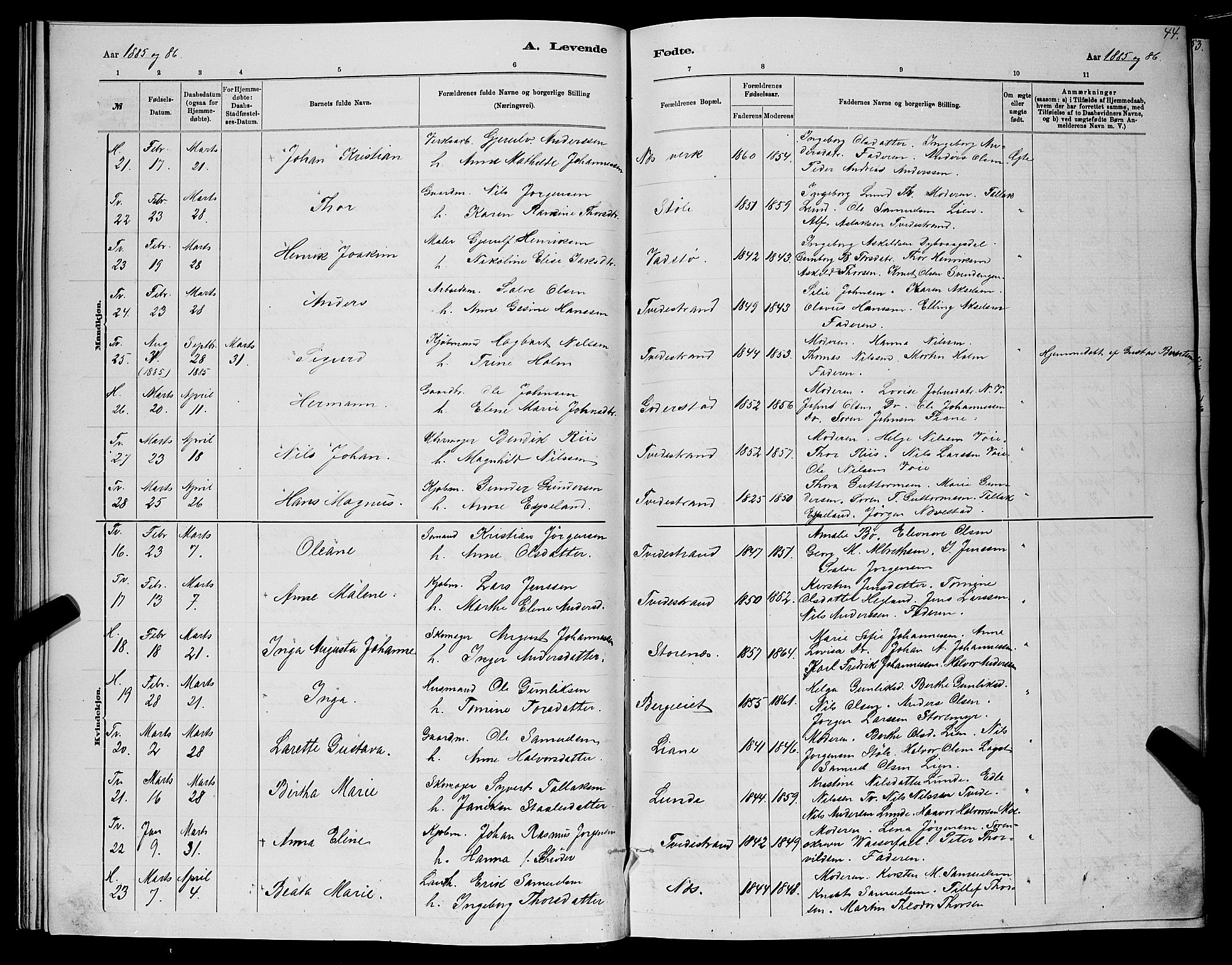Holt sokneprestkontor, AV/SAK-1111-0021/F/Fb/L0010: Parish register (copy) no. B 10, 1883-1896, p. 44