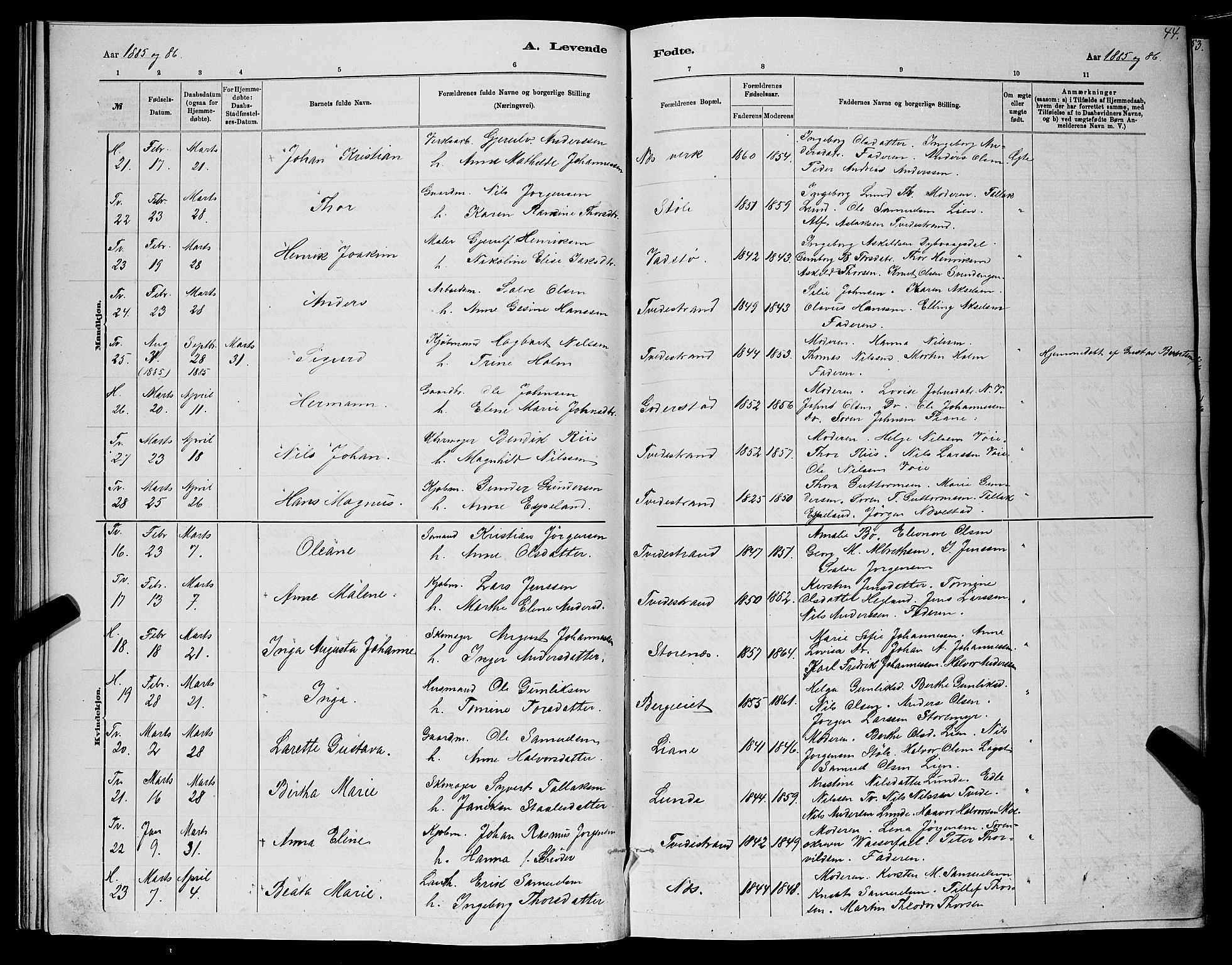 Holt sokneprestkontor, SAK/1111-0021/F/Fb/L0010: Parish register (copy) no. B 10, 1883-1896, p. 44