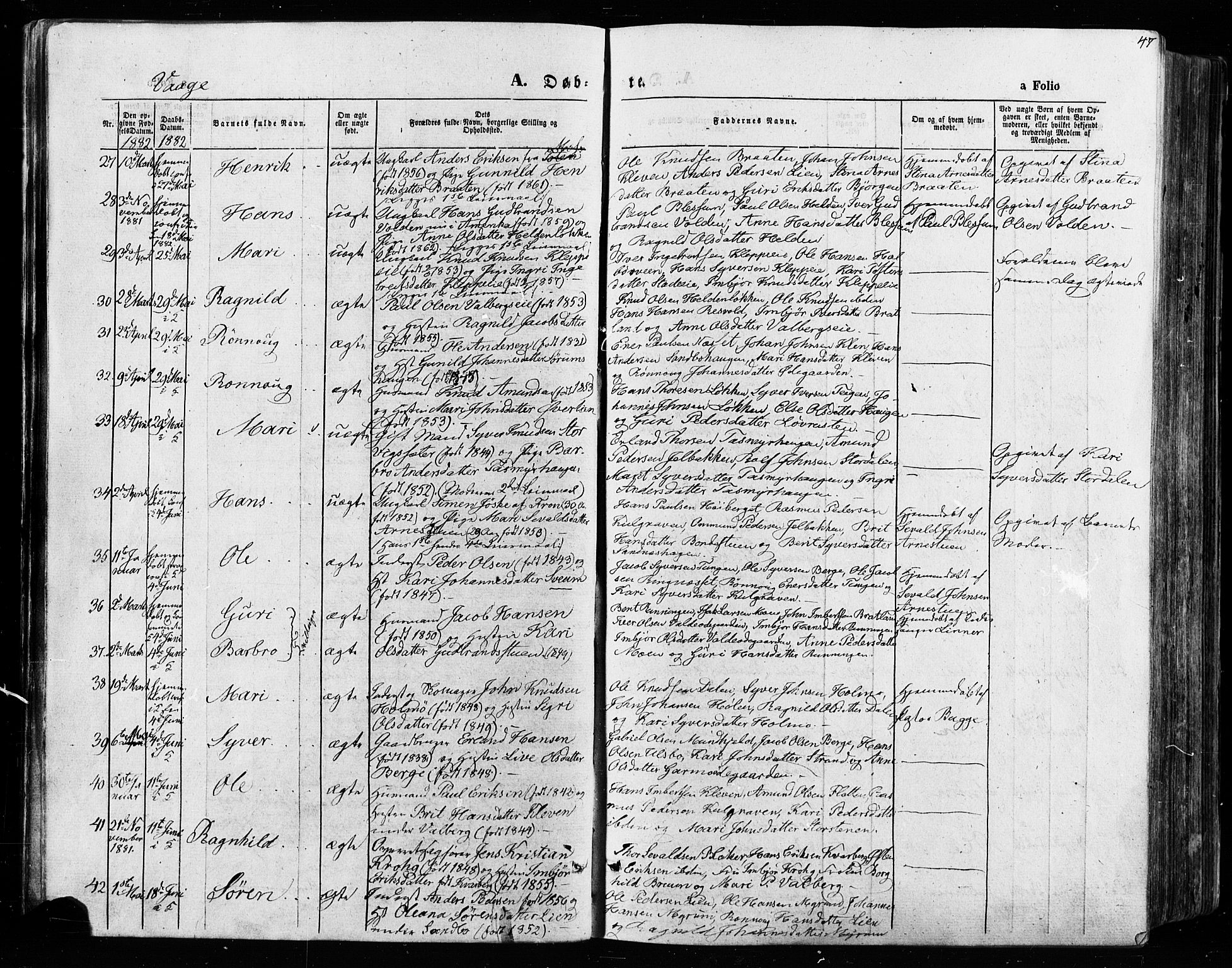 Vågå prestekontor, AV/SAH-PREST-076/H/Ha/Haa/L0007: Parish register (official) no. 7 /1, 1872-1886, p. 47