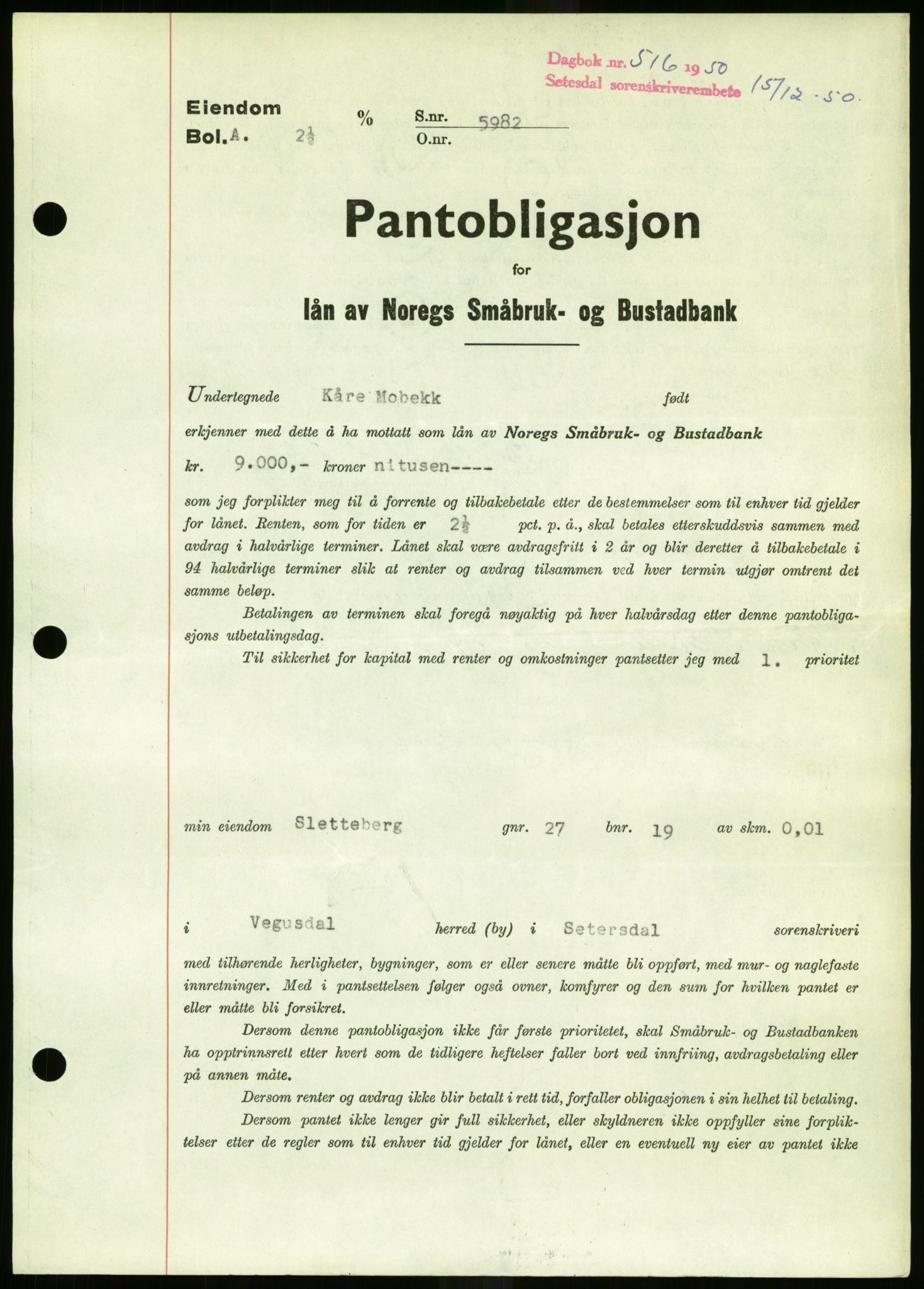 Setesdal sorenskriveri, AV/SAK-1221-0011/G/Gb/L0050: Mortgage book no. B 38, 1949-1952, Diary no: : 516/1950