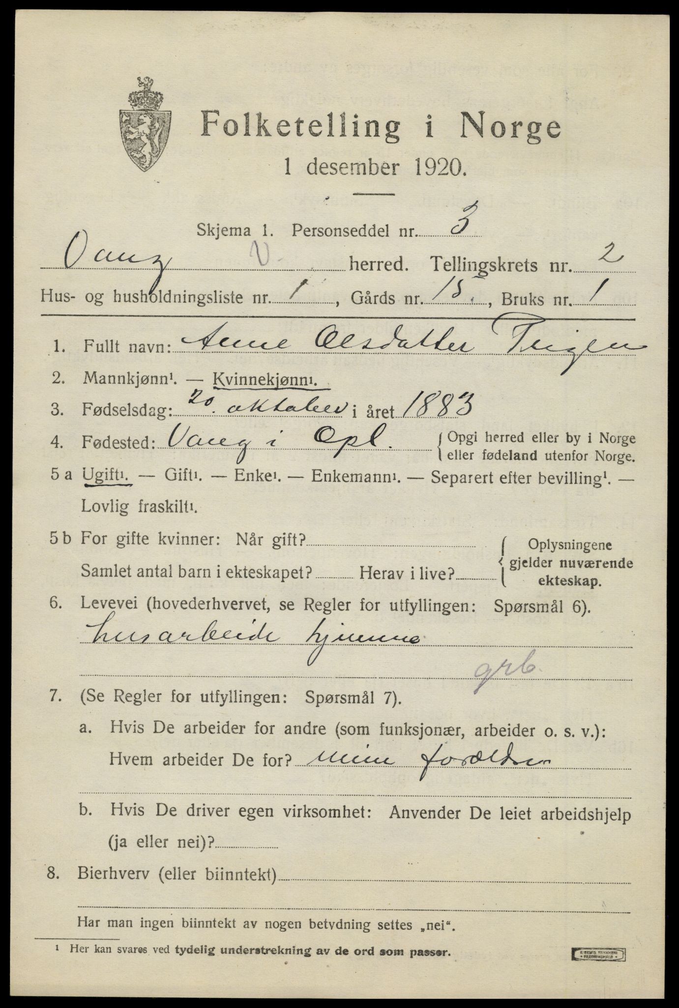 SAH, 1920 census for Vang (Oppland), 1920, p. 1079