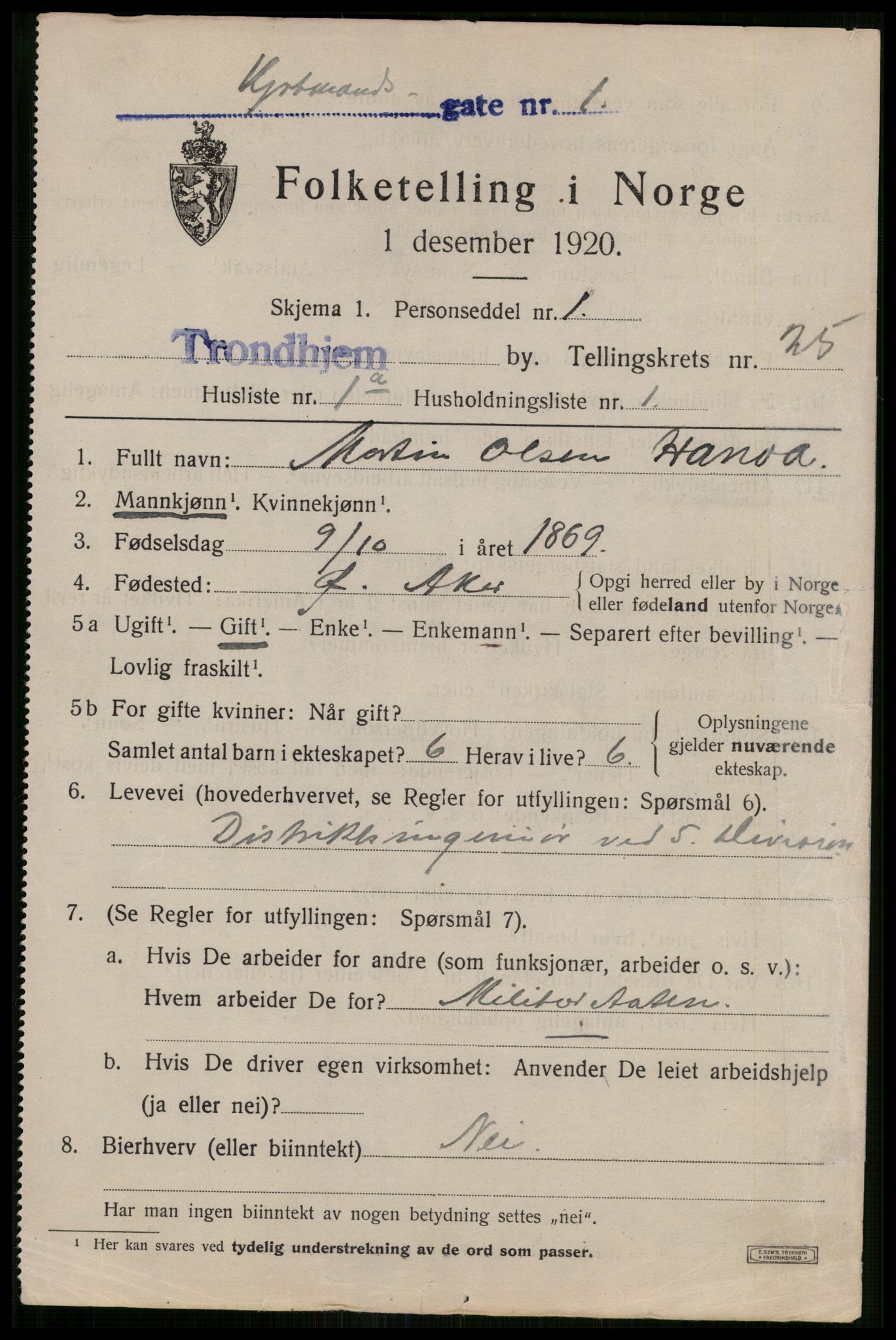 SAT, 1920 census for Trondheim, 1920, p. 67024