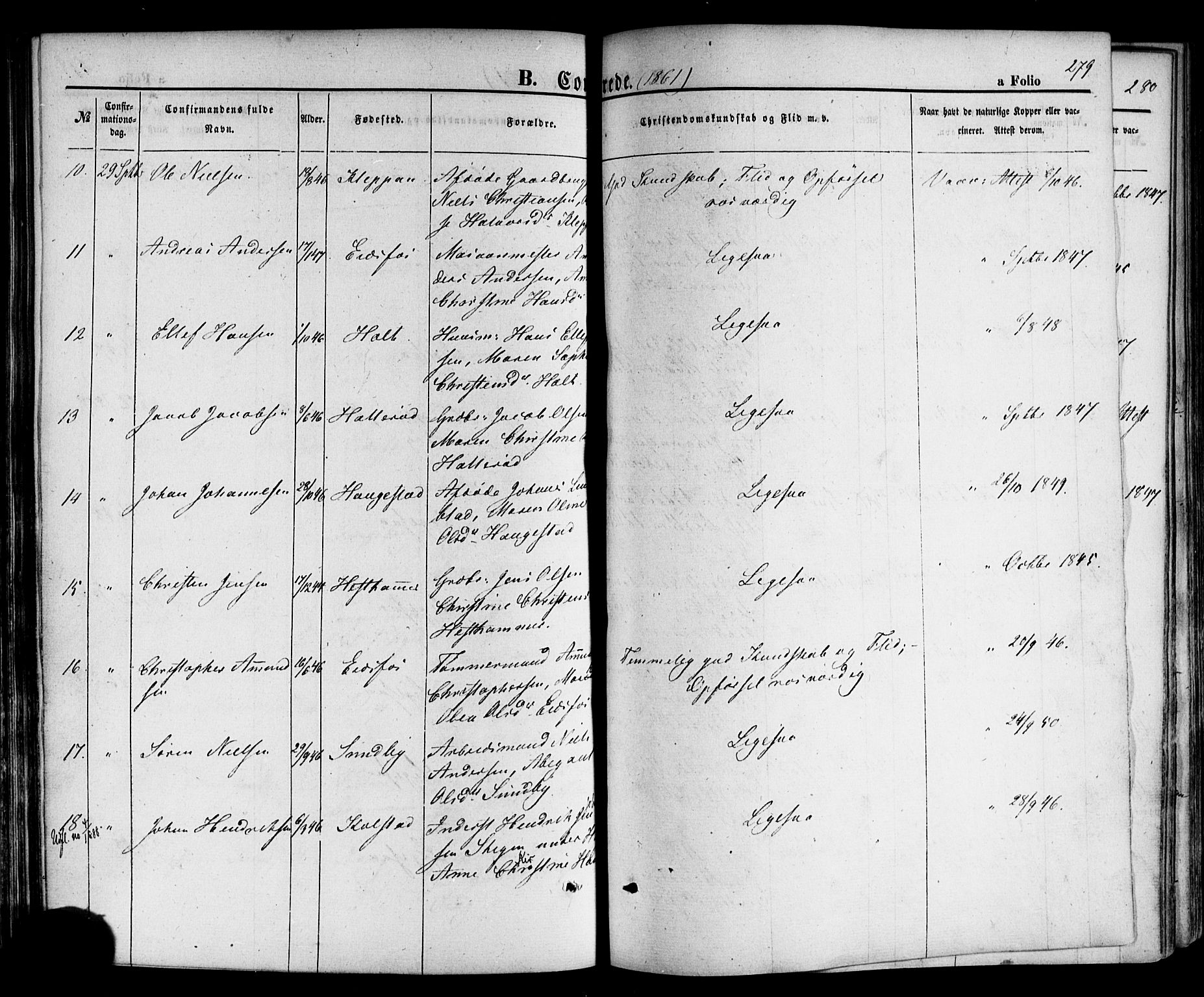 Hof kirkebøker, AV/SAKO-A-64/F/Fa/L0006: Parish register (official) no. I 6, 1851-1877, p. 279