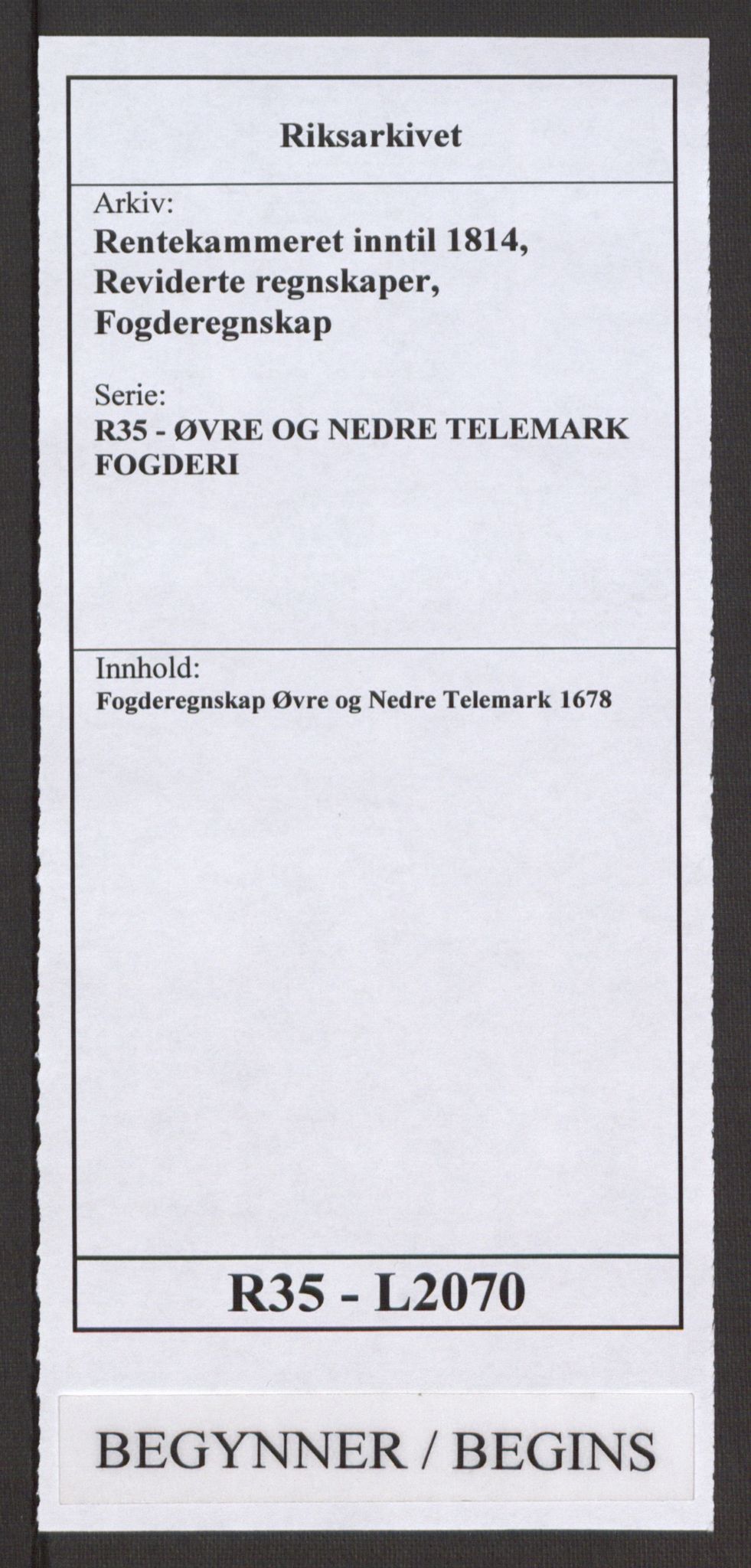 Rentekammeret inntil 1814, Reviderte regnskaper, Fogderegnskap, RA/EA-4092/R35/L2070: Fogderegnskap Øvre og Nedre Telemark, 1678, p. 1