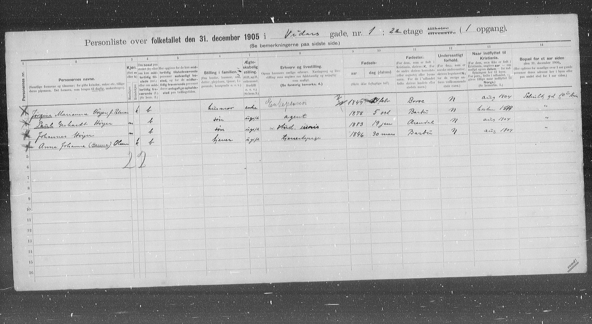 OBA, Municipal Census 1905 for Kristiania, 1905, p. 65172