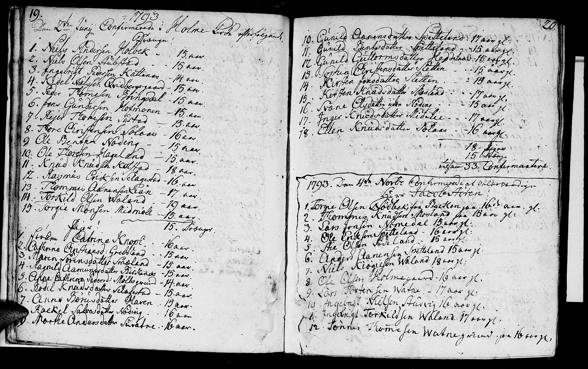 Holum sokneprestkontor, SAK/1111-0022/F/Fa/Faa/L0003: Parish register (official) no. A 3, 1780-1821, p. 19-20
