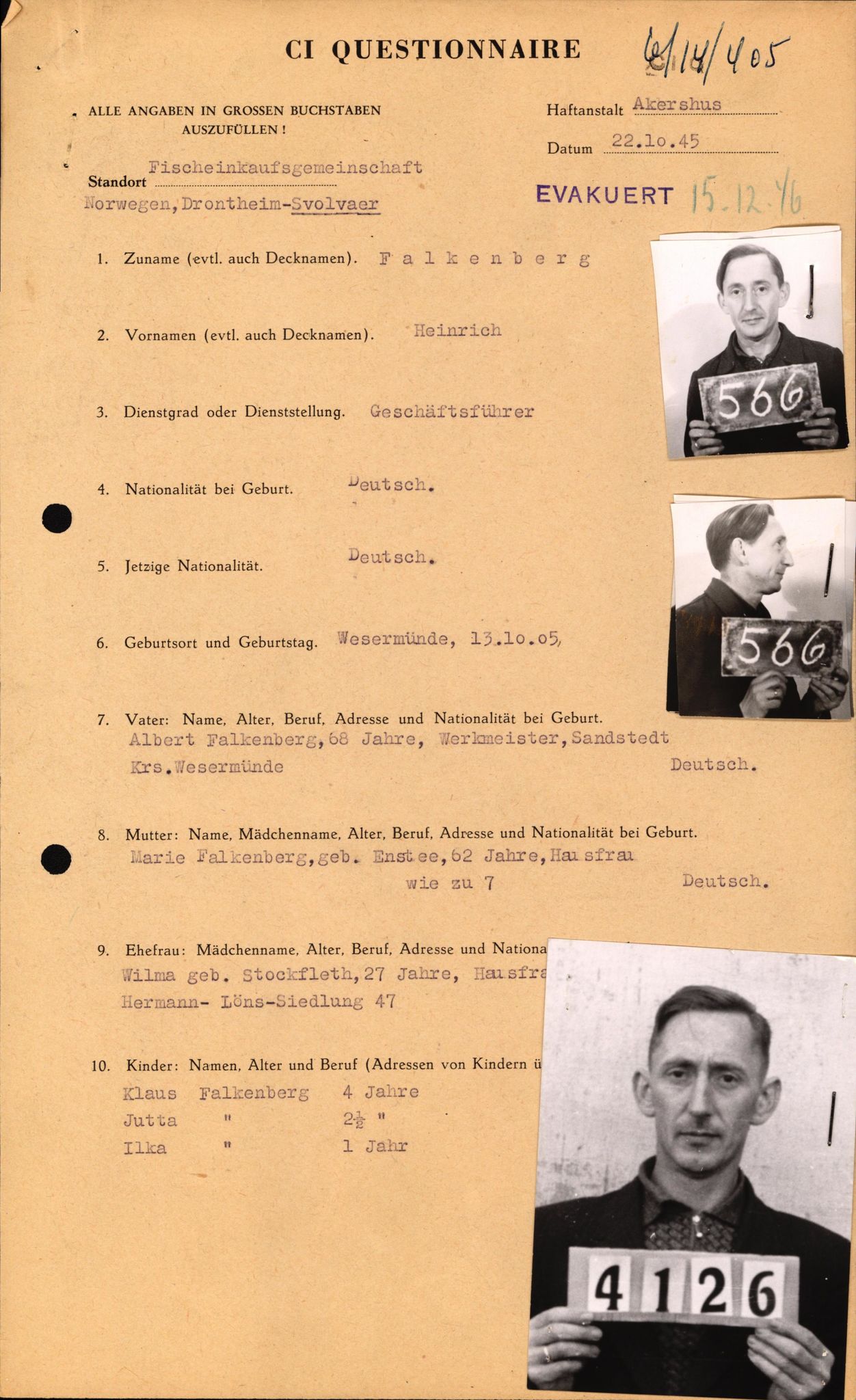 Forsvaret, Forsvarets overkommando II, AV/RA-RAFA-3915/D/Db/L0007: CI Questionaires. Tyske okkupasjonsstyrker i Norge. Tyskere., 1945-1946, p. 416