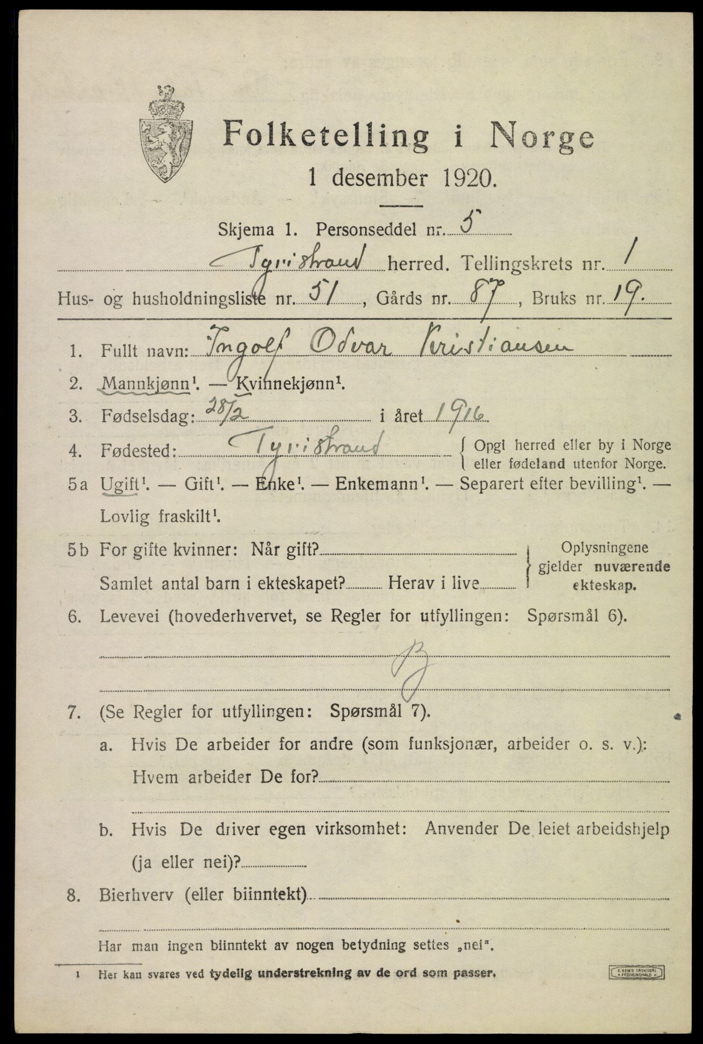 SAKO, 1920 census for Tyristrand, 1920, p. 1244