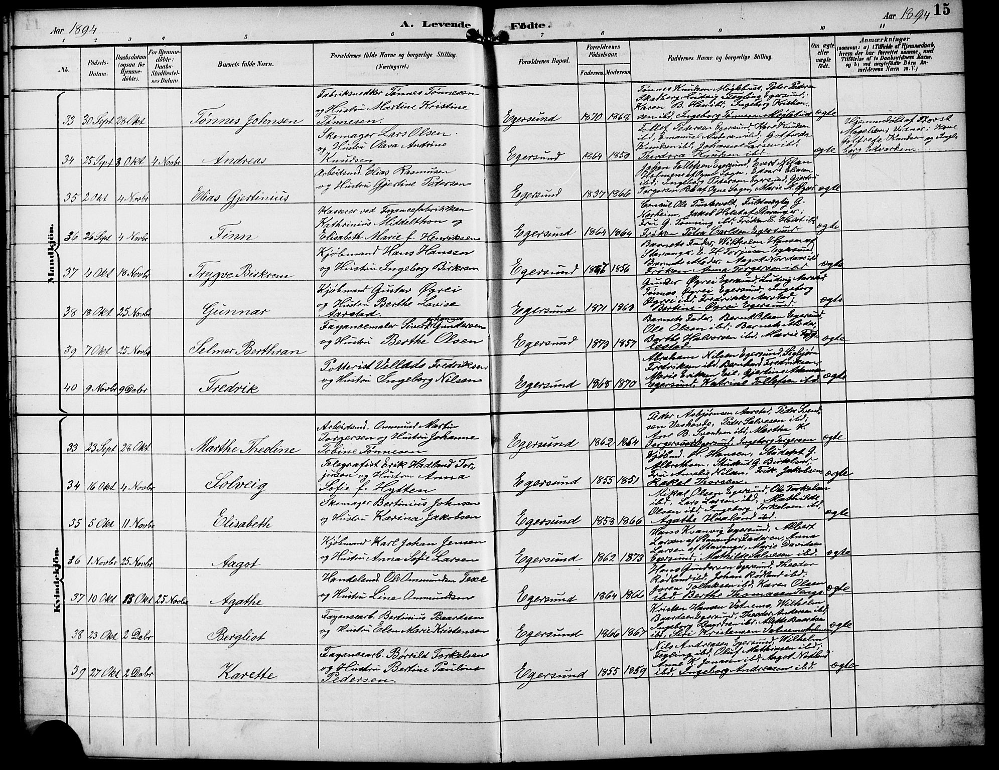 Eigersund sokneprestkontor, SAST/A-101807/S09/L0010: Parish register (copy) no. B 10, 1893-1907, p. 15