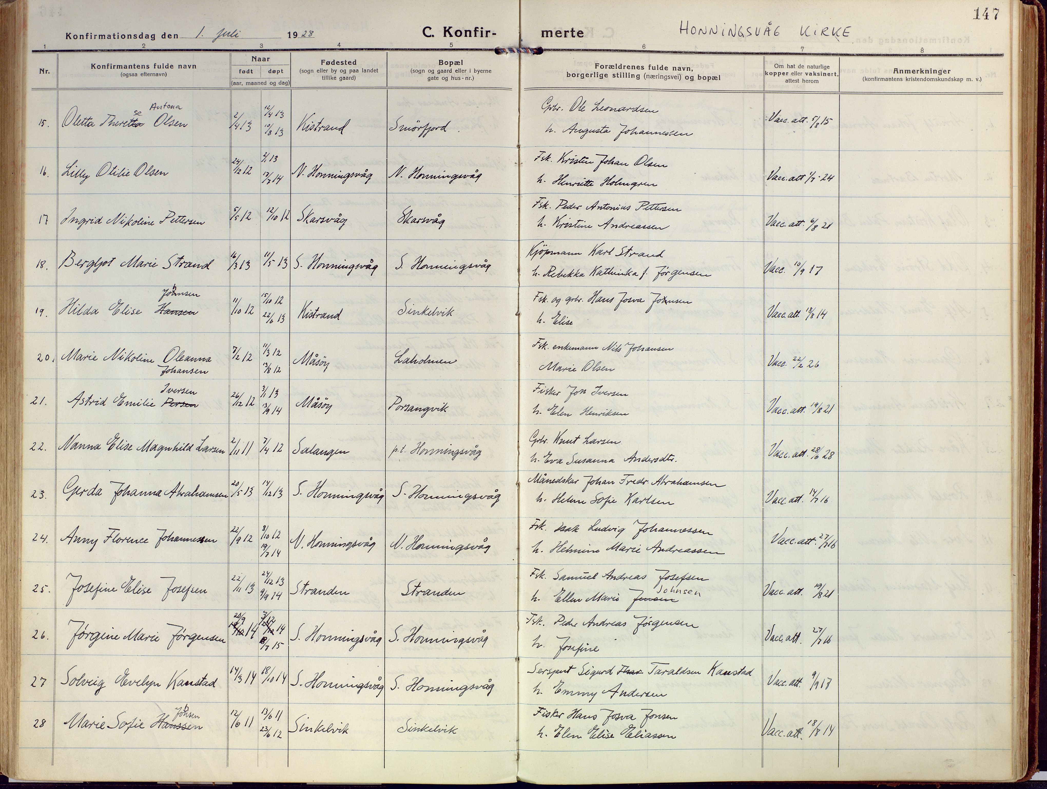 Kjelvik/Nordkapp sokneprestkontor, AV/SATØ-S-1350/H/Ha/L0002kirke: Parish register (official) no. 2, 1920-1929, p. 147