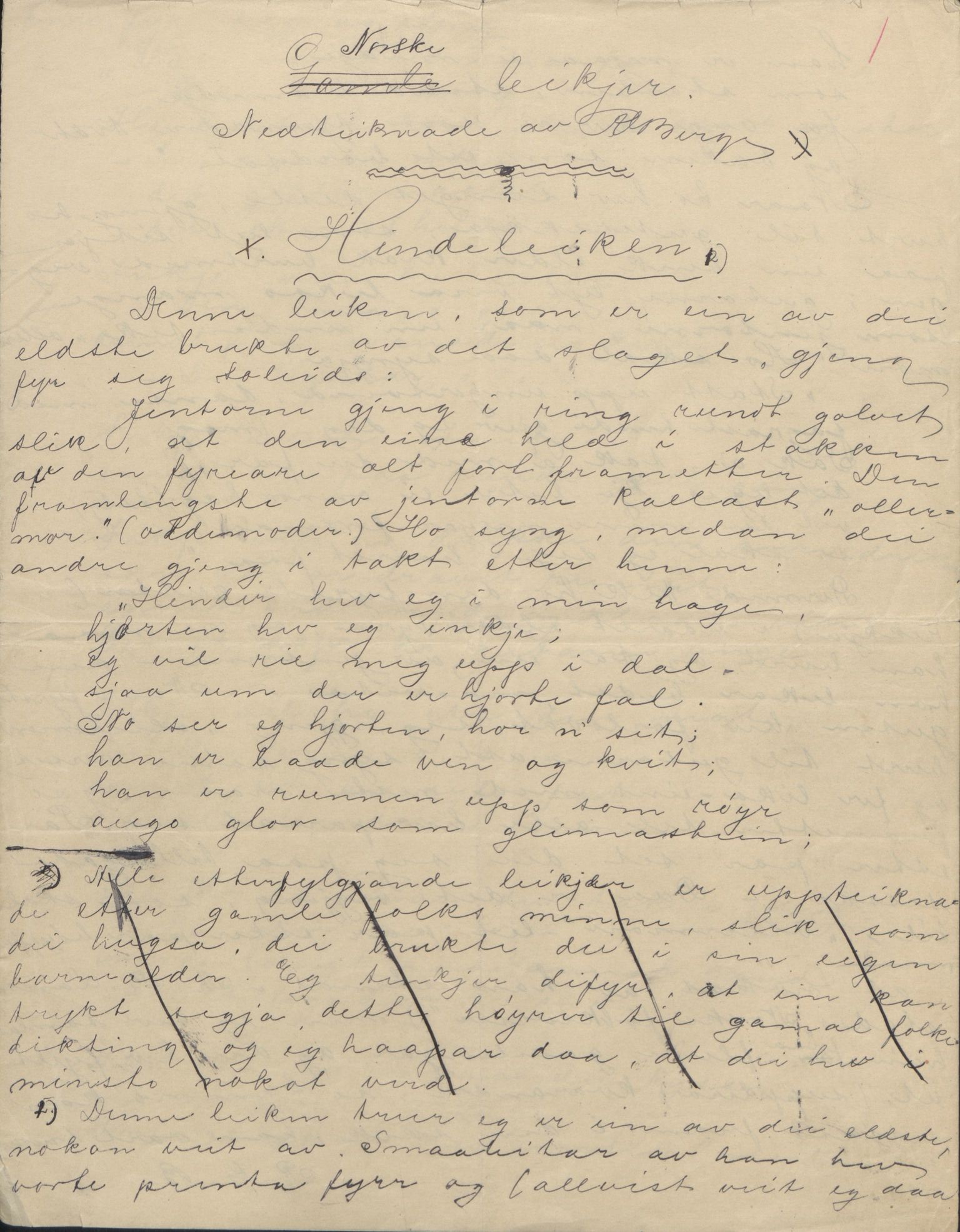 Rikard Berge, TEMU/TGM-A-1003/F/L0004/0053: 101-159 / 157 Manuskript, notatar, brev o.a. Nokre leiker, manuskript, 1906-1908, p. 1