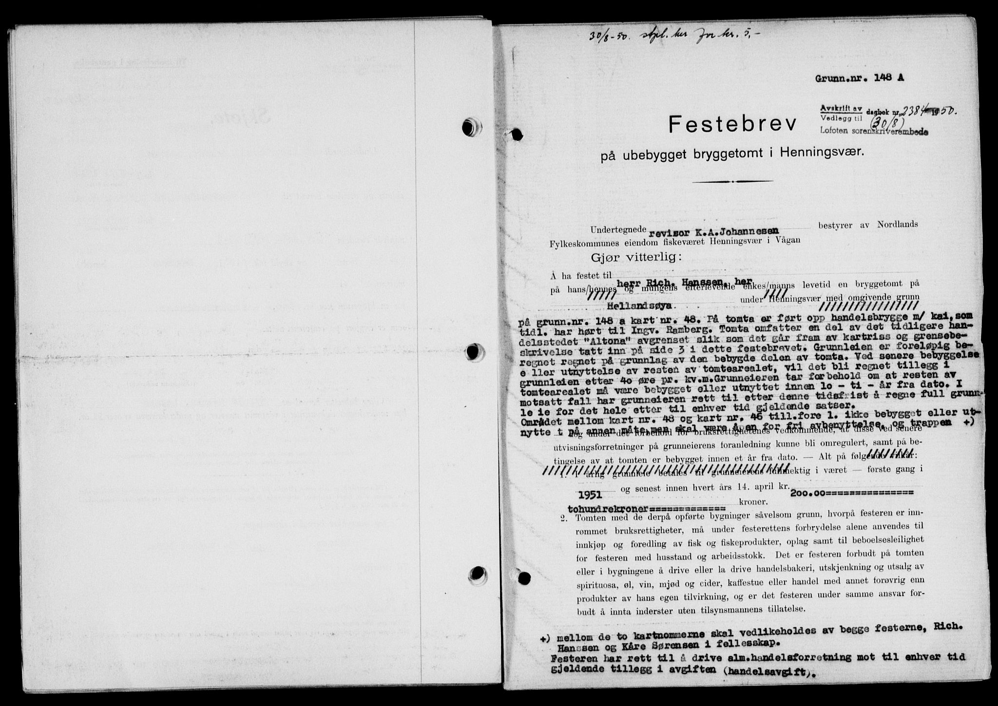 Lofoten sorenskriveri, SAT/A-0017/1/2/2C/L0024a: Mortgage book no. 24a, 1950-1950, Diary no: : 2384/1950