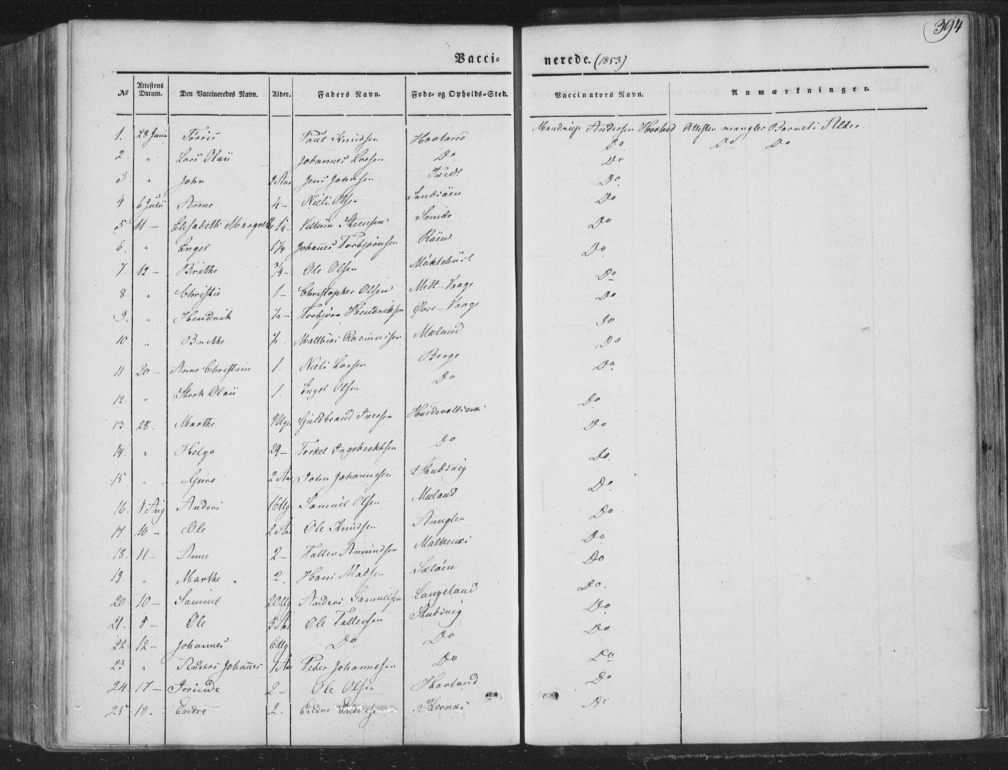 Tysnes sokneprestembete, AV/SAB-A-78601/H/Haa: Parish register (official) no. A 10, 1848-1859, p. 394