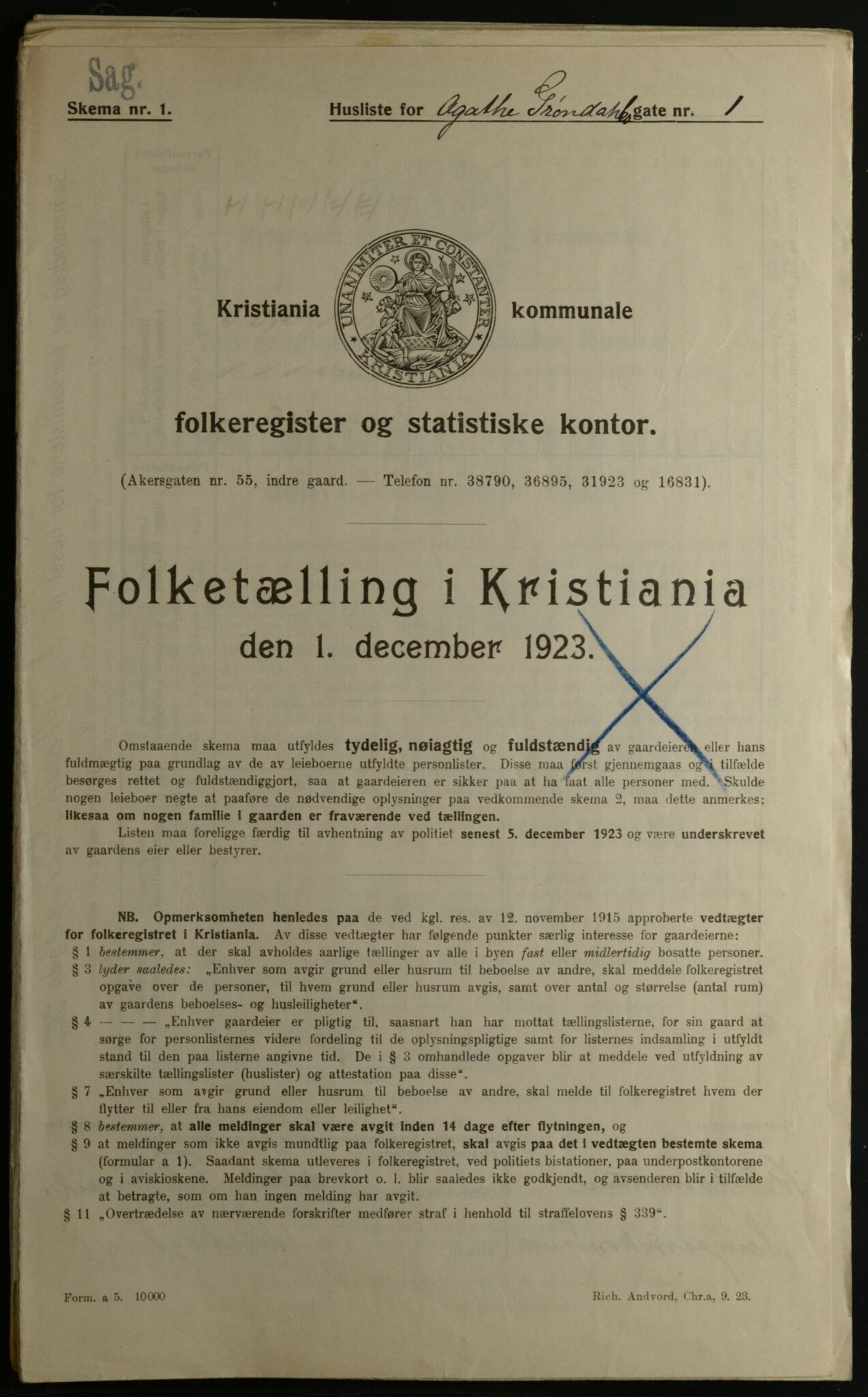 OBA, Municipal Census 1923 for Kristiania, 1923, p. 23