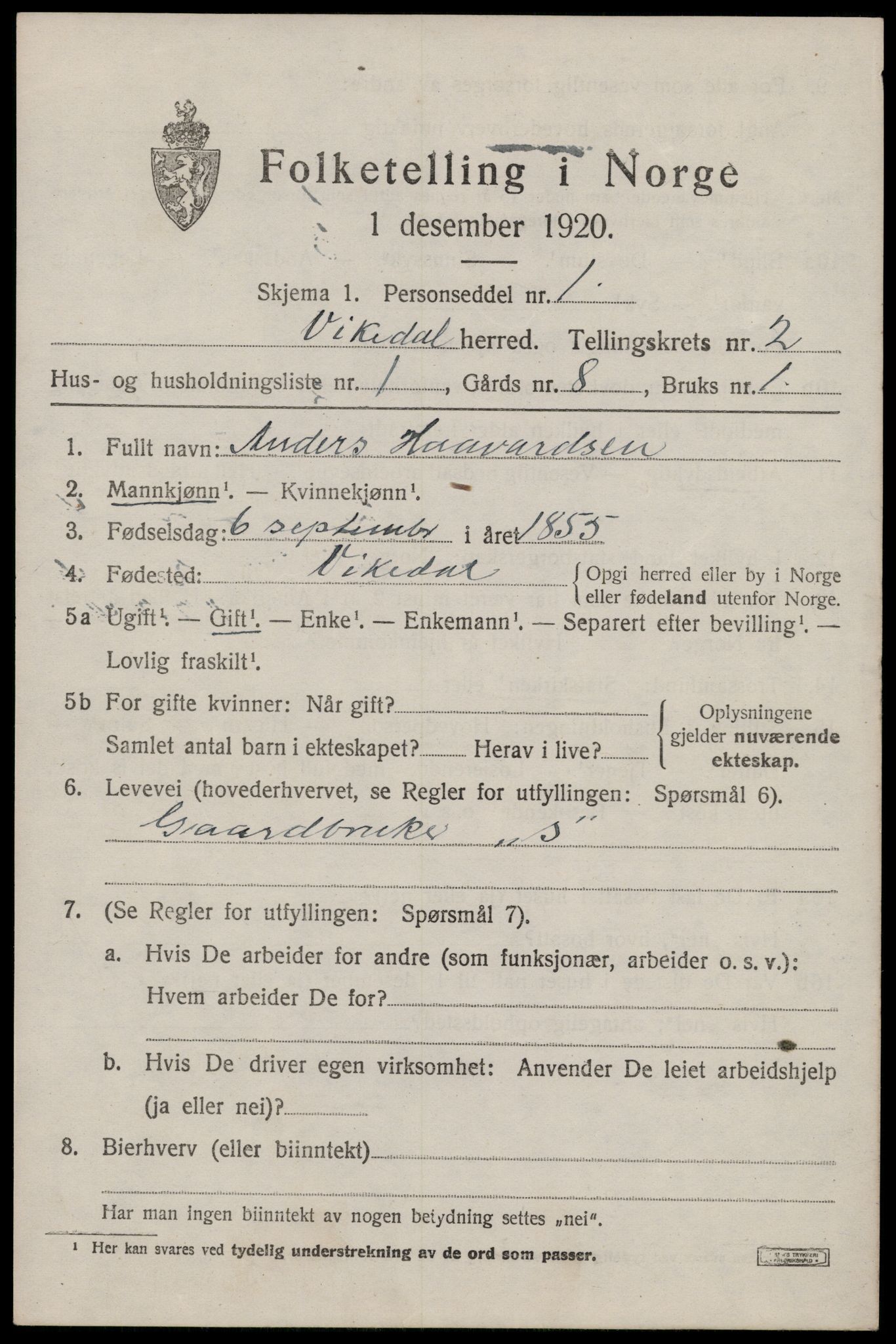 SAST, 1920 census for Vikedal, 1920, p. 1413