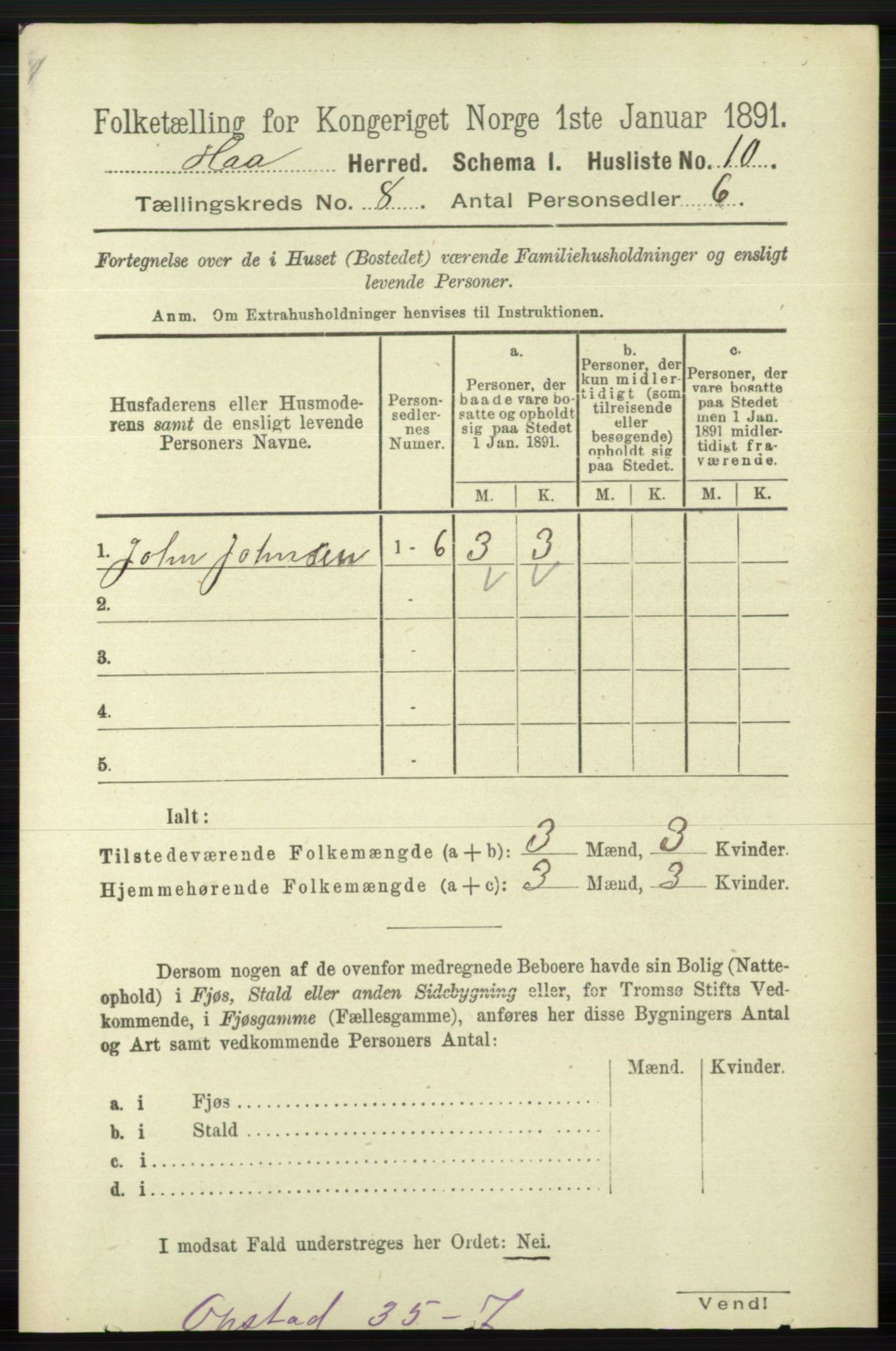 RA, 1891 census for 1119 Hå, 1891, p. 2039