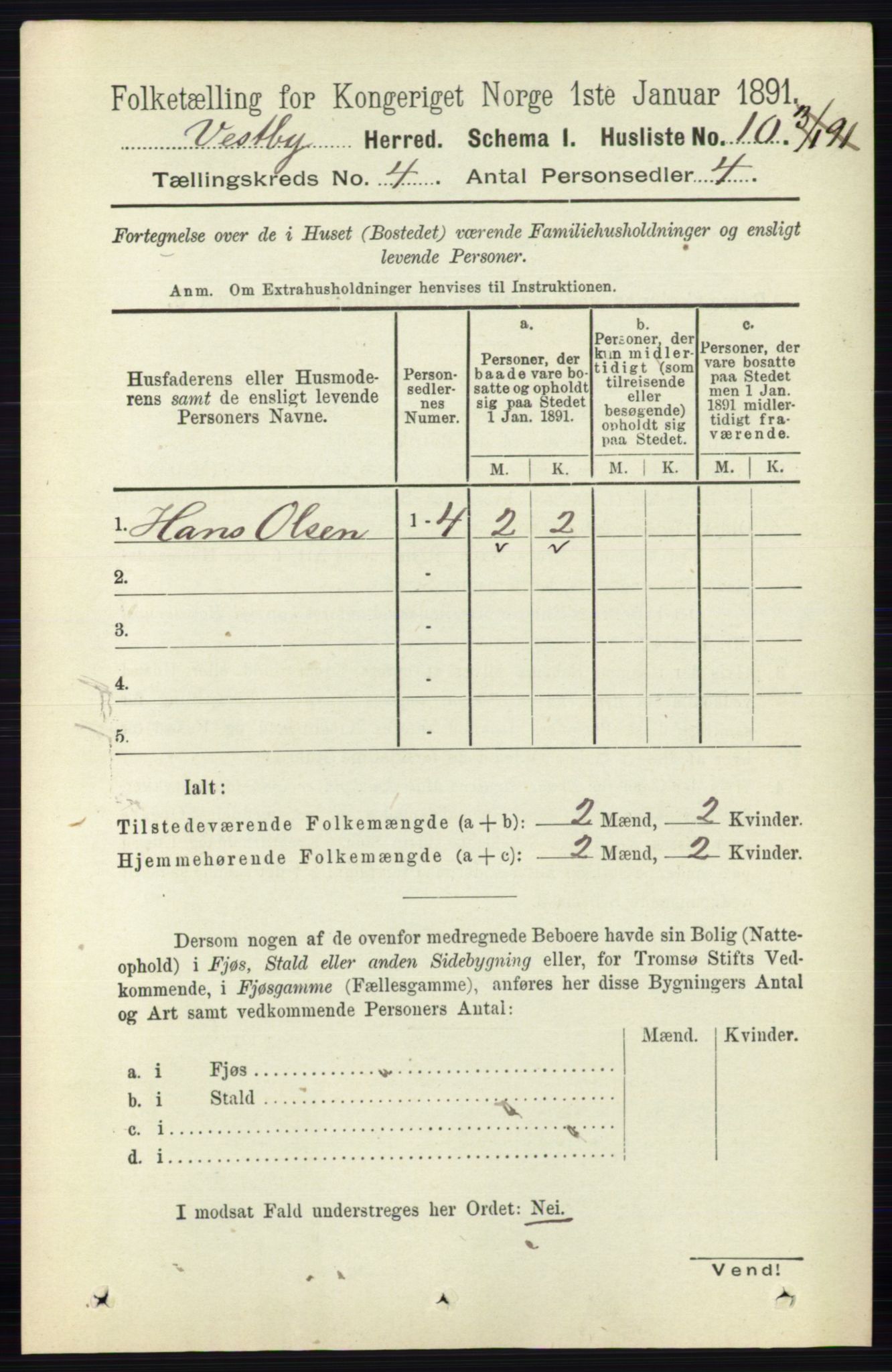 RA, 1891 census for 0211 Vestby, 1891, p. 1489