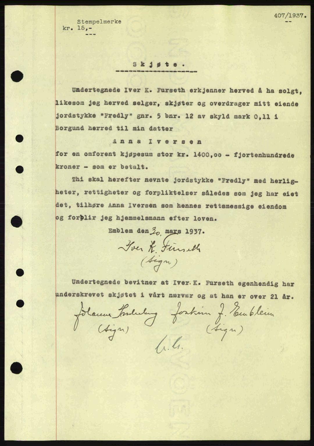 Nordre Sunnmøre sorenskriveri, AV/SAT-A-0006/1/2/2C/2Ca: Mortgage book no. A2, 1936-1937, Diary no: : 407/1937