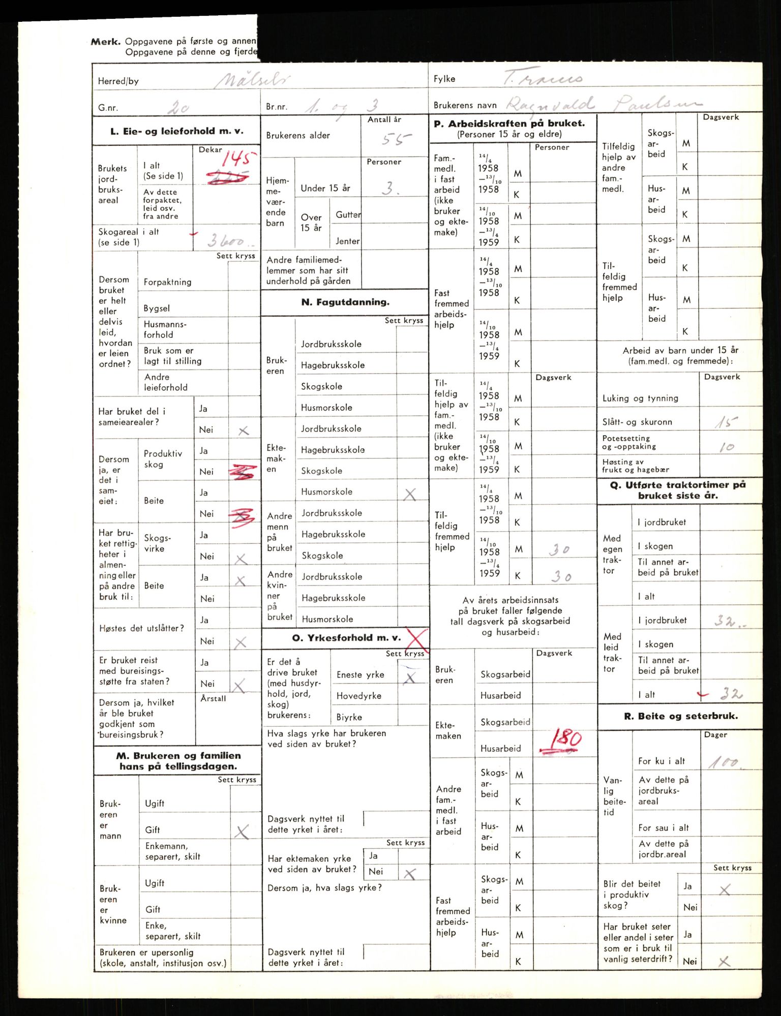 Statistisk sentralbyrå, Næringsøkonomiske emner, Jordbruk, skogbruk, jakt, fiske og fangst, AV/RA-S-2234/G/Gd/L0655: Troms: 1924 Målselv (kl. 4-10), 1959, p. 2191