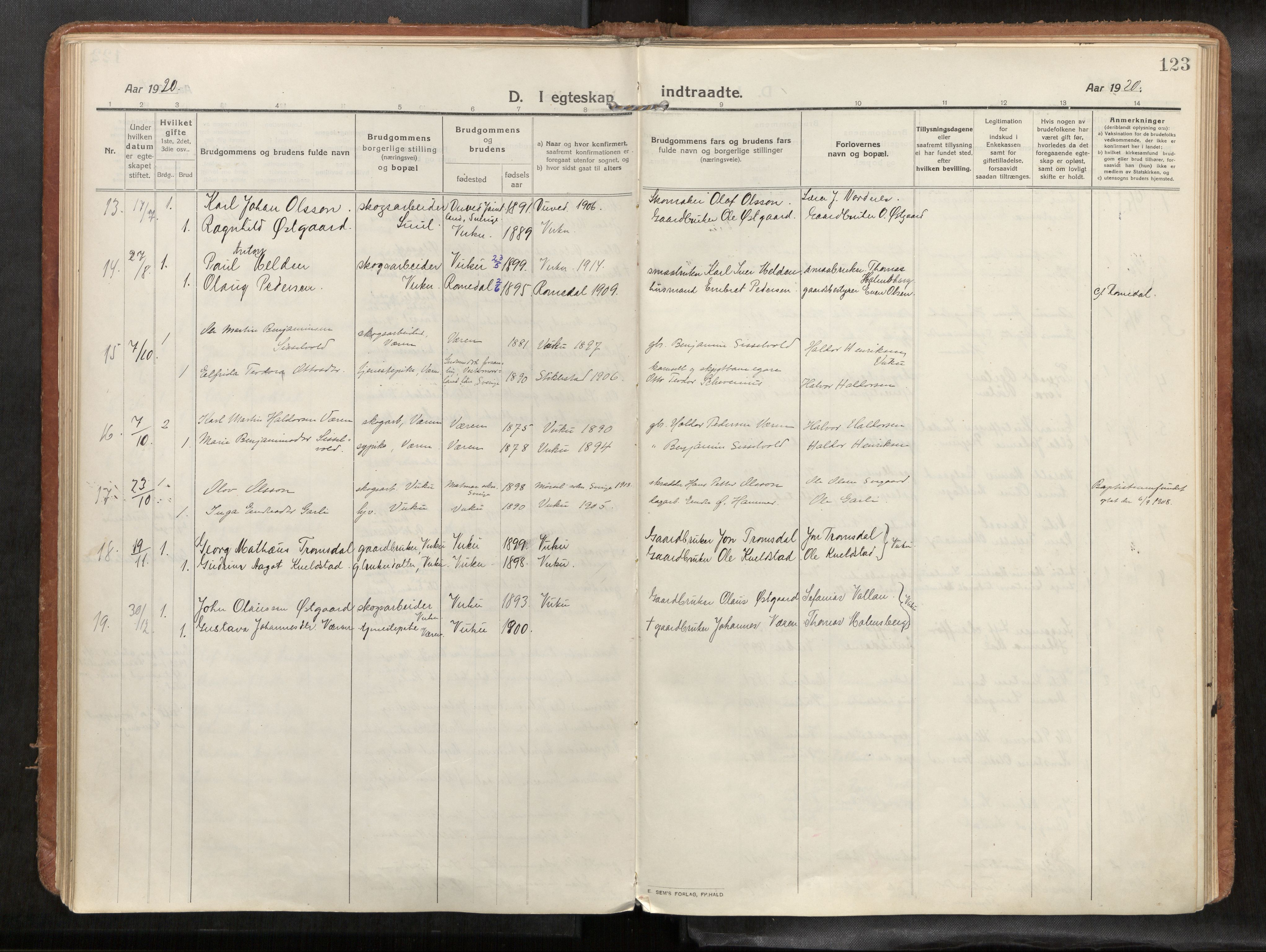 Verdal sokneprestkontor, SAT/A-1156/2/H/Haa/L0004: Parish register (official) no. 4, 1916-1928, p. 123