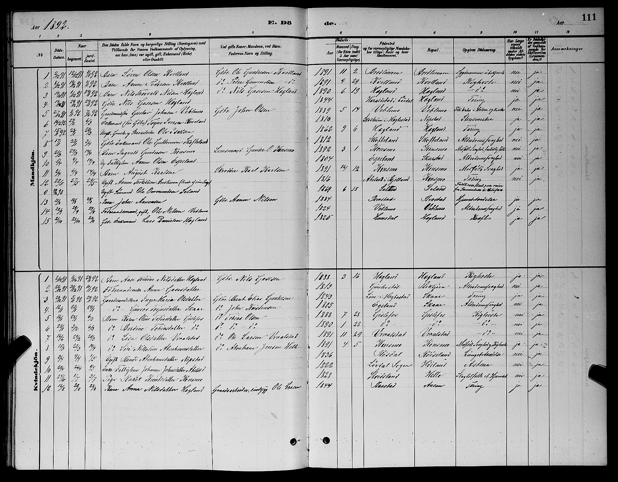 Nord-Audnedal sokneprestkontor, AV/SAK-1111-0032/F/Fb/Fba/L0003: Parish register (copy) no. B 3, 1881-1900, p. 111
