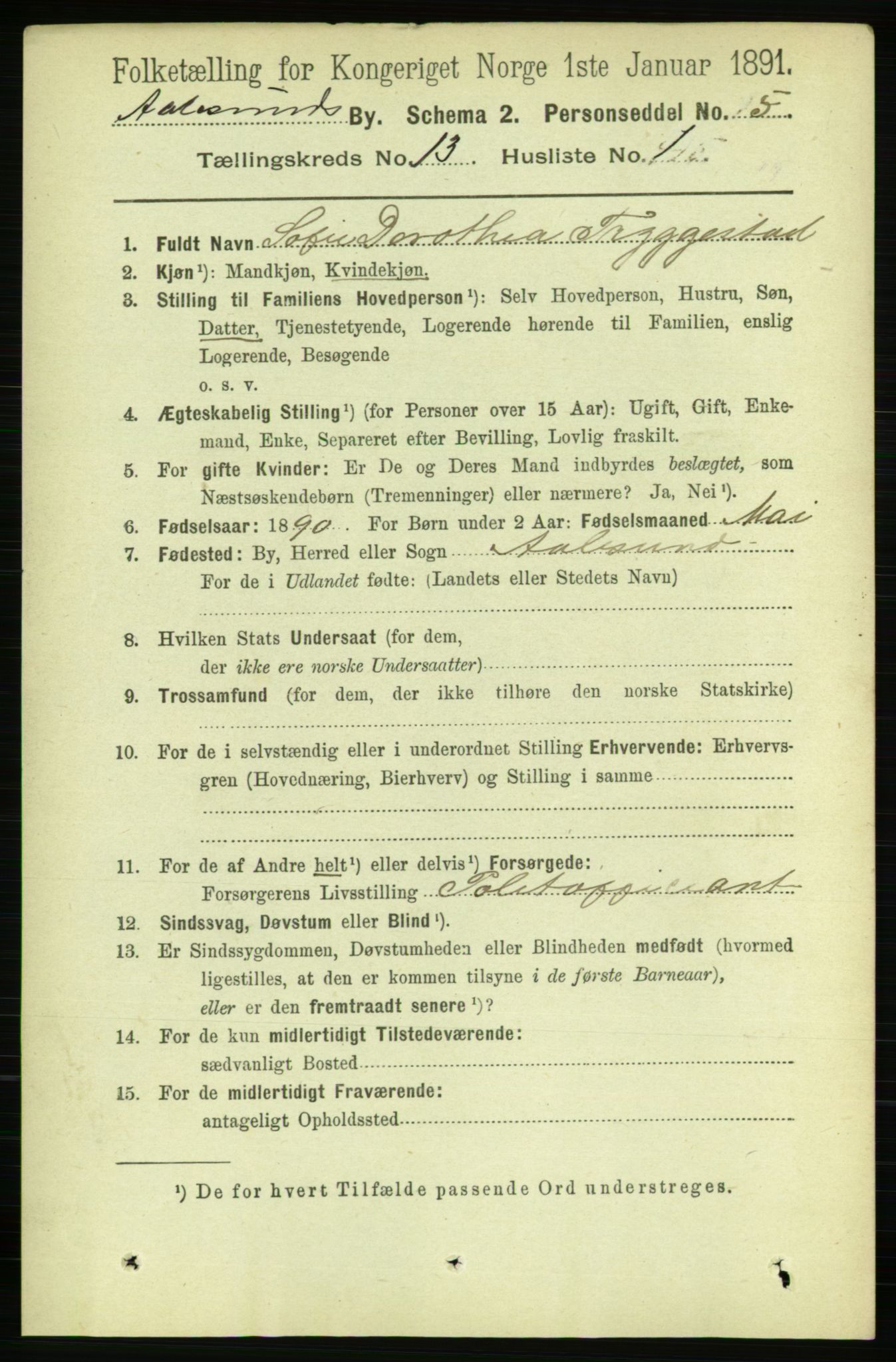 RA, 1891 census for 1501 Ålesund, 1891, p. 7896