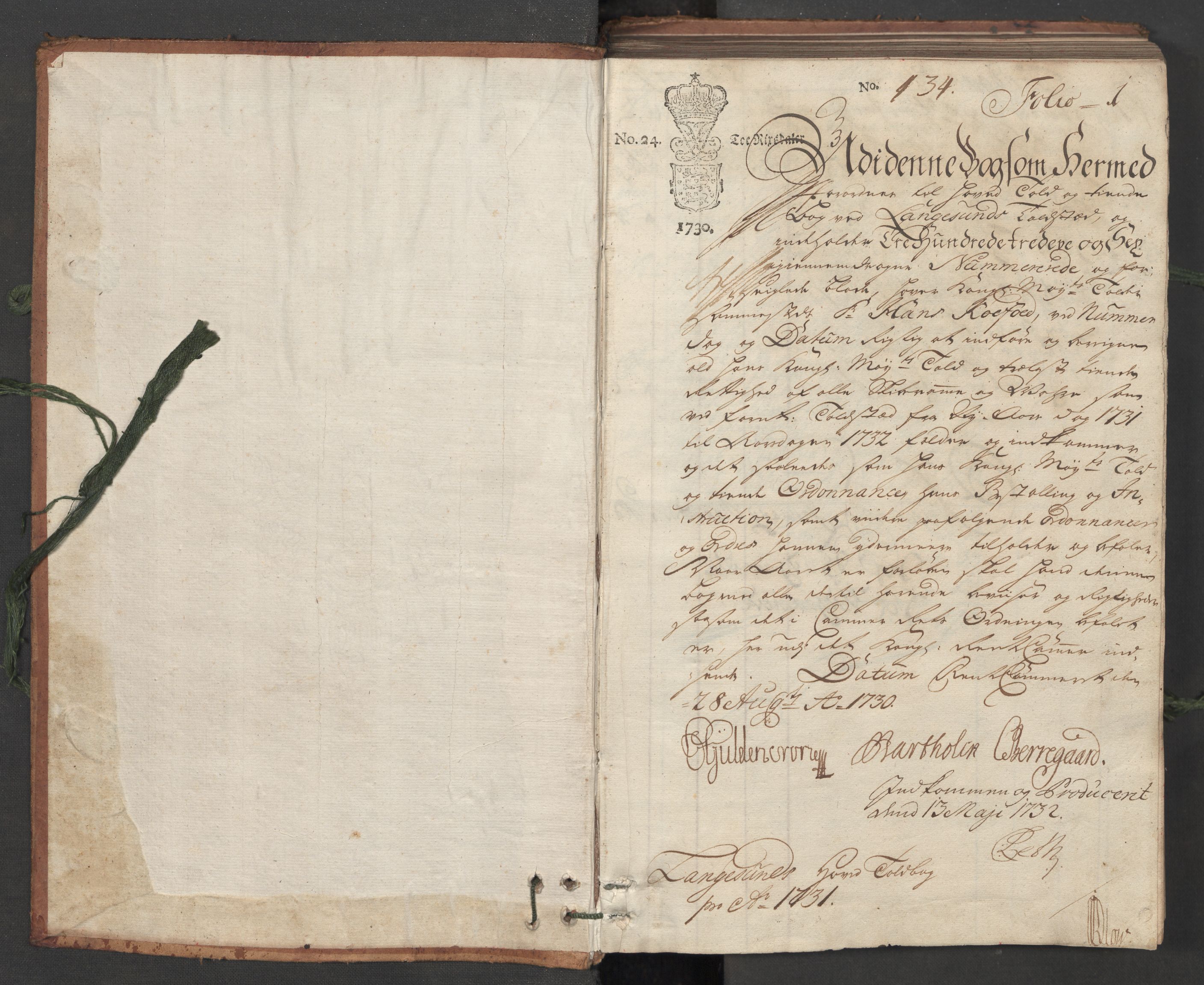 Generaltollkammeret, tollregnskaper, RA/EA-5490/R12/L0007/0001: Tollregnskaper Langesund / Hovedtollbok, 1731, p. 1a