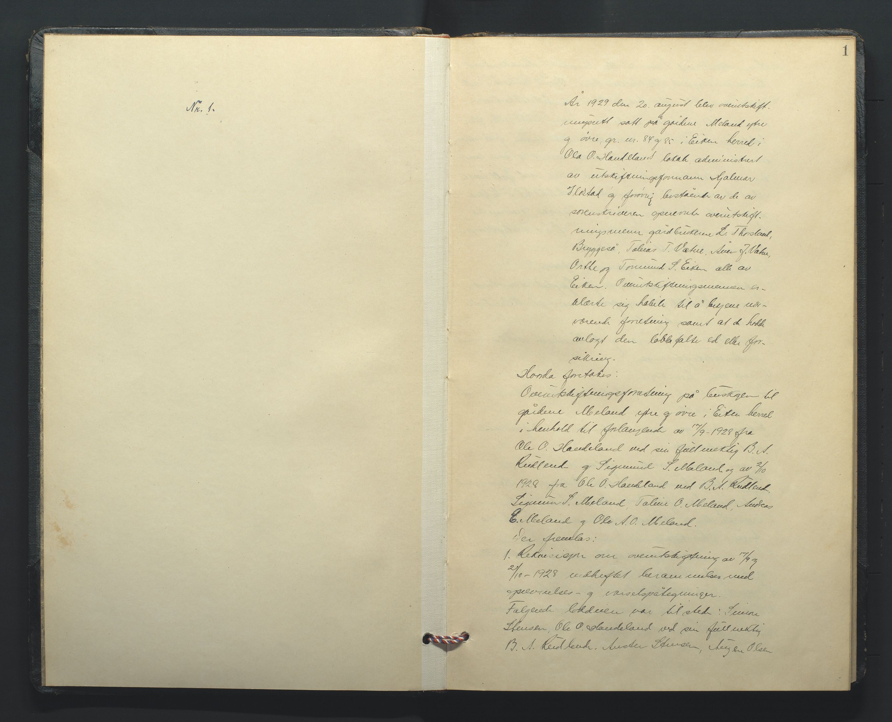 Jordskifteoverdommeren i Agder og Rogaland, AV/SAK-1541-0001/F/Fa/Faa/L0009: Overutskiftningsprotokoll Lyngdal sorenskriveri nr 9, 1929-1961, p. 1