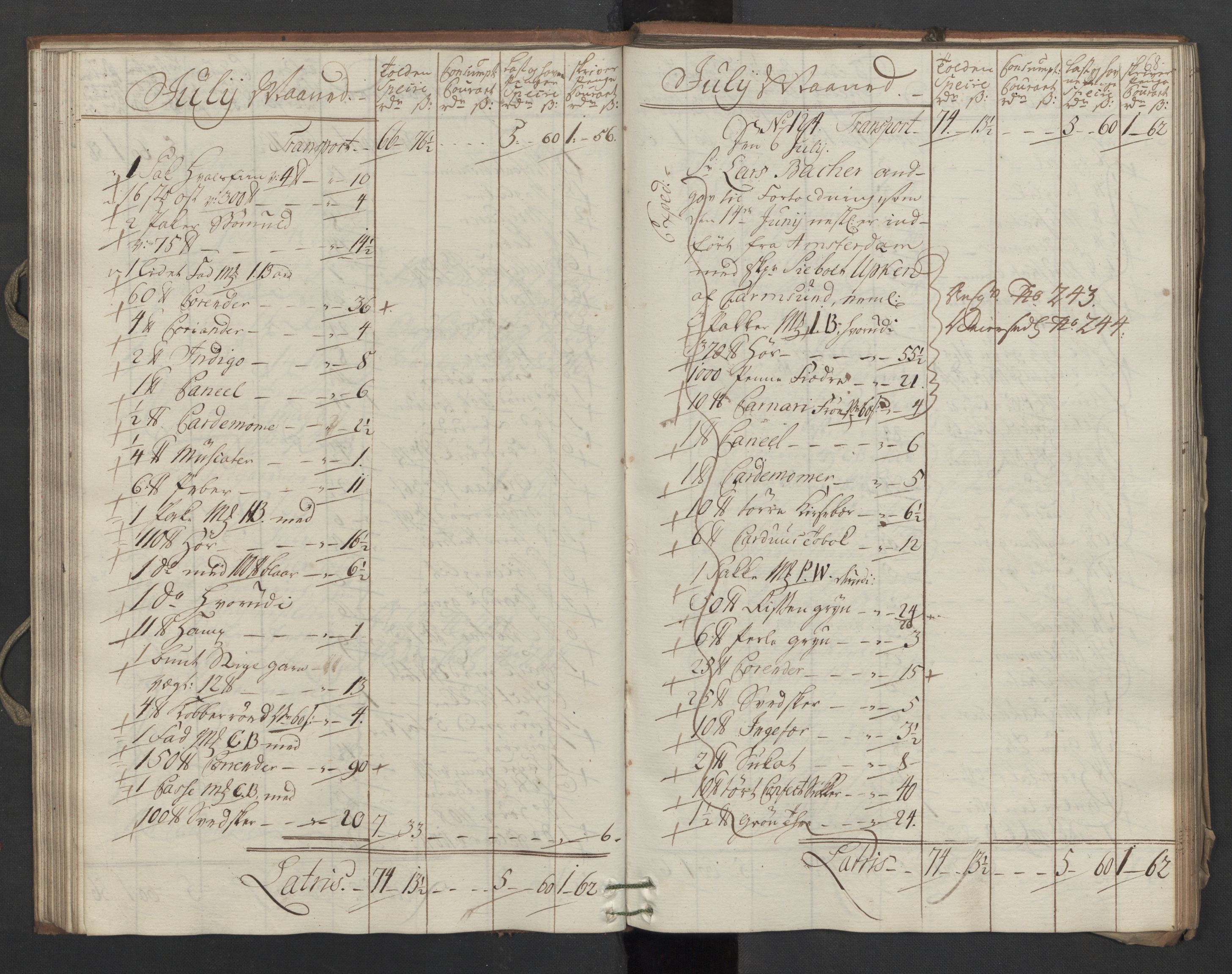 Generaltollkammeret, tollregnskaper, AV/RA-EA-5490/R09/L0037/0001: Tollregnskaper Holmestrand / Inngående hovedtollbok, 1764, p. 67b-68a