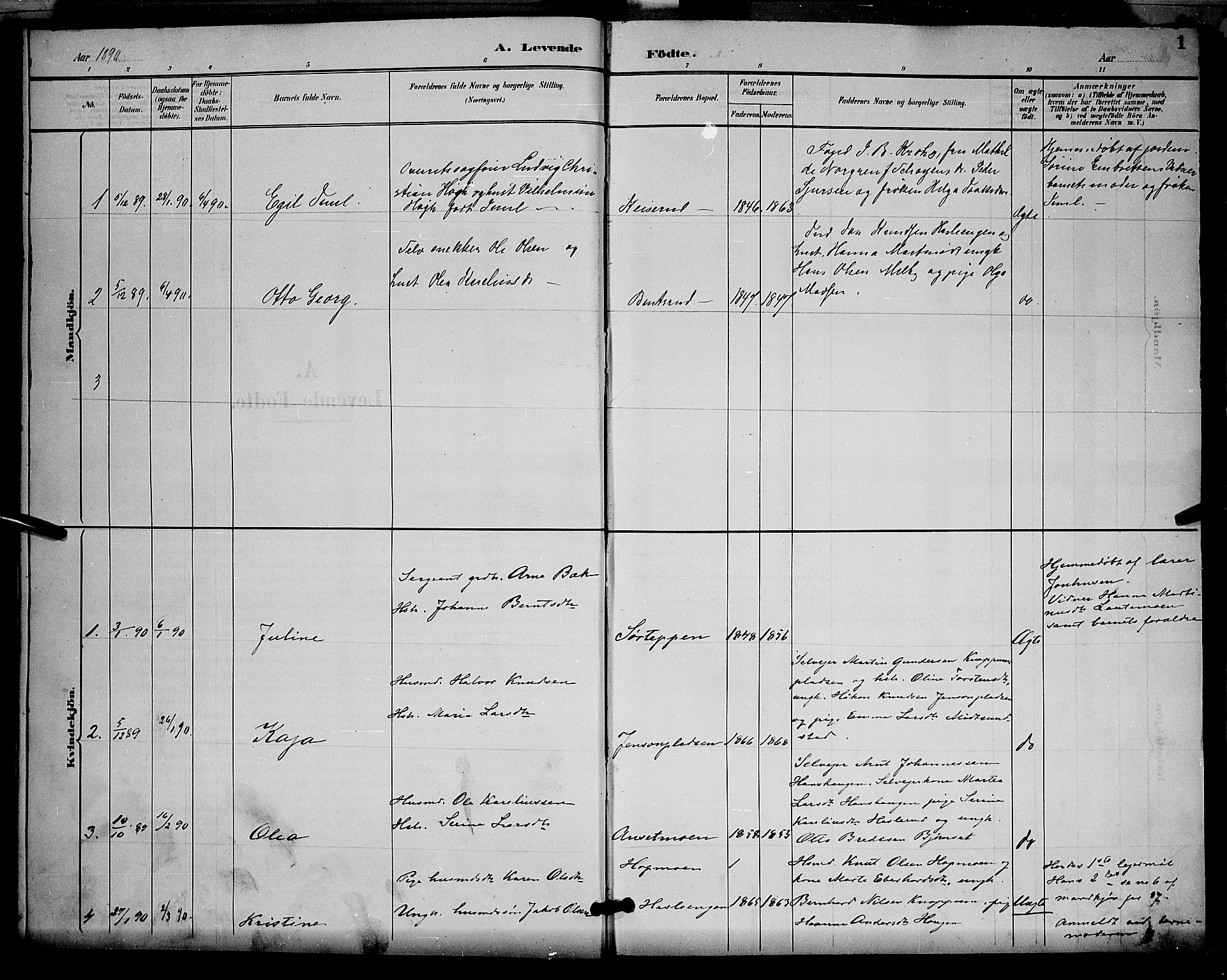 Åsnes prestekontor, SAH/PREST-042/H/Ha/Hab/L0001: Parish register (copy) no. 1, 1890-1891, p. 1