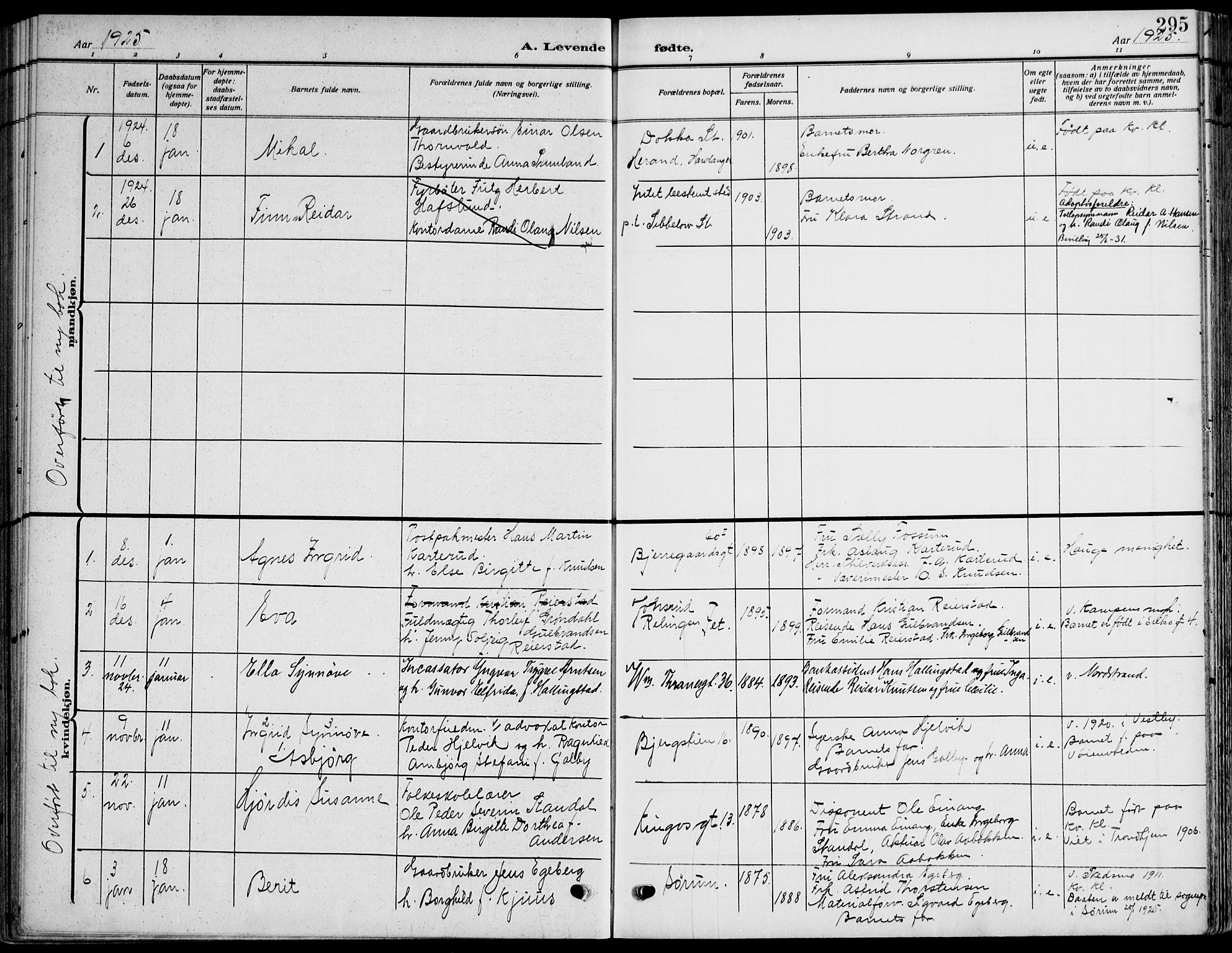 Gamle Aker prestekontor Kirkebøker, SAO/A-10617a/F/L0014: Parish register (official) no. 14, 1909-1924, p. 295