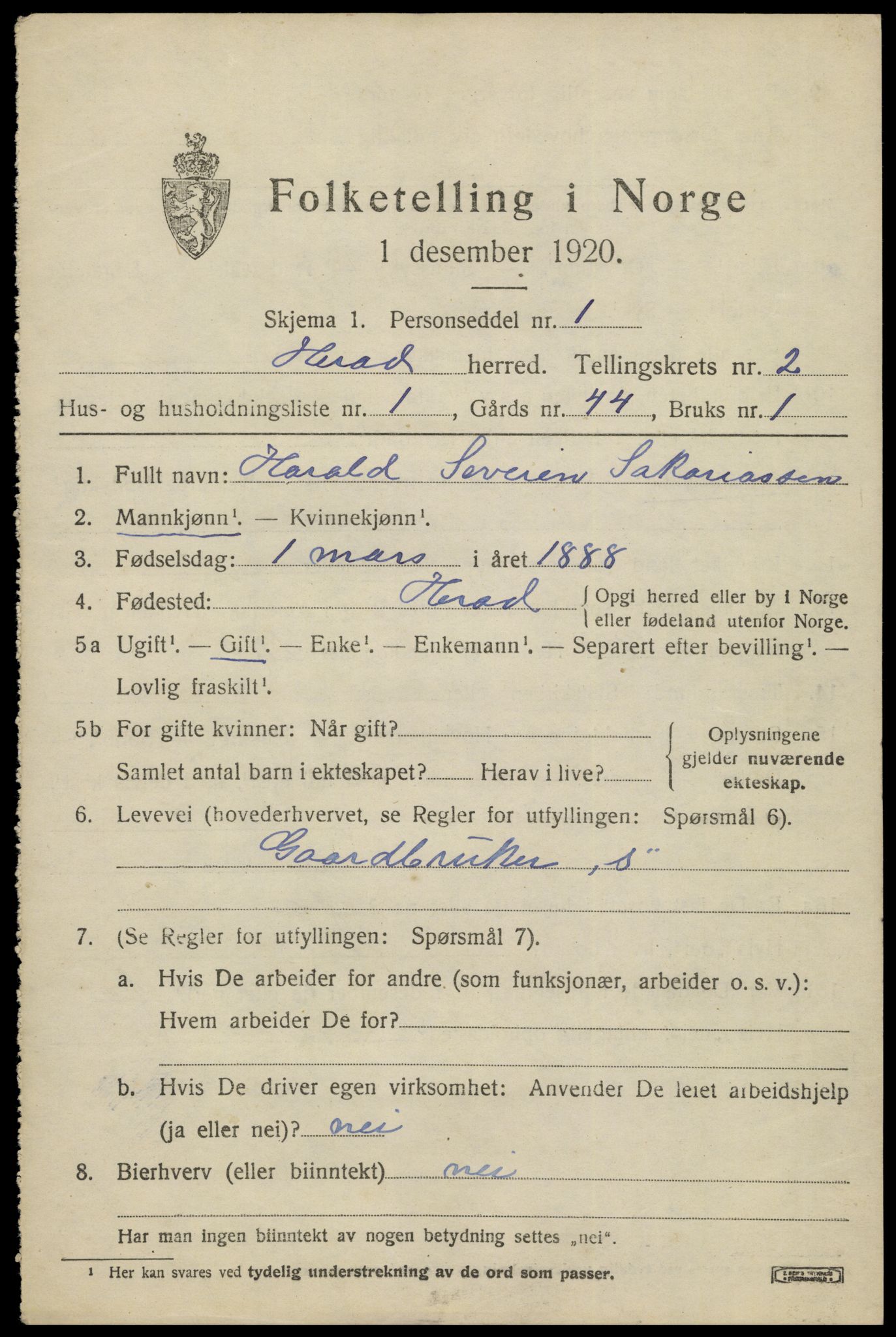 SAK, 1920 census for Herad, 1920, p. 1042