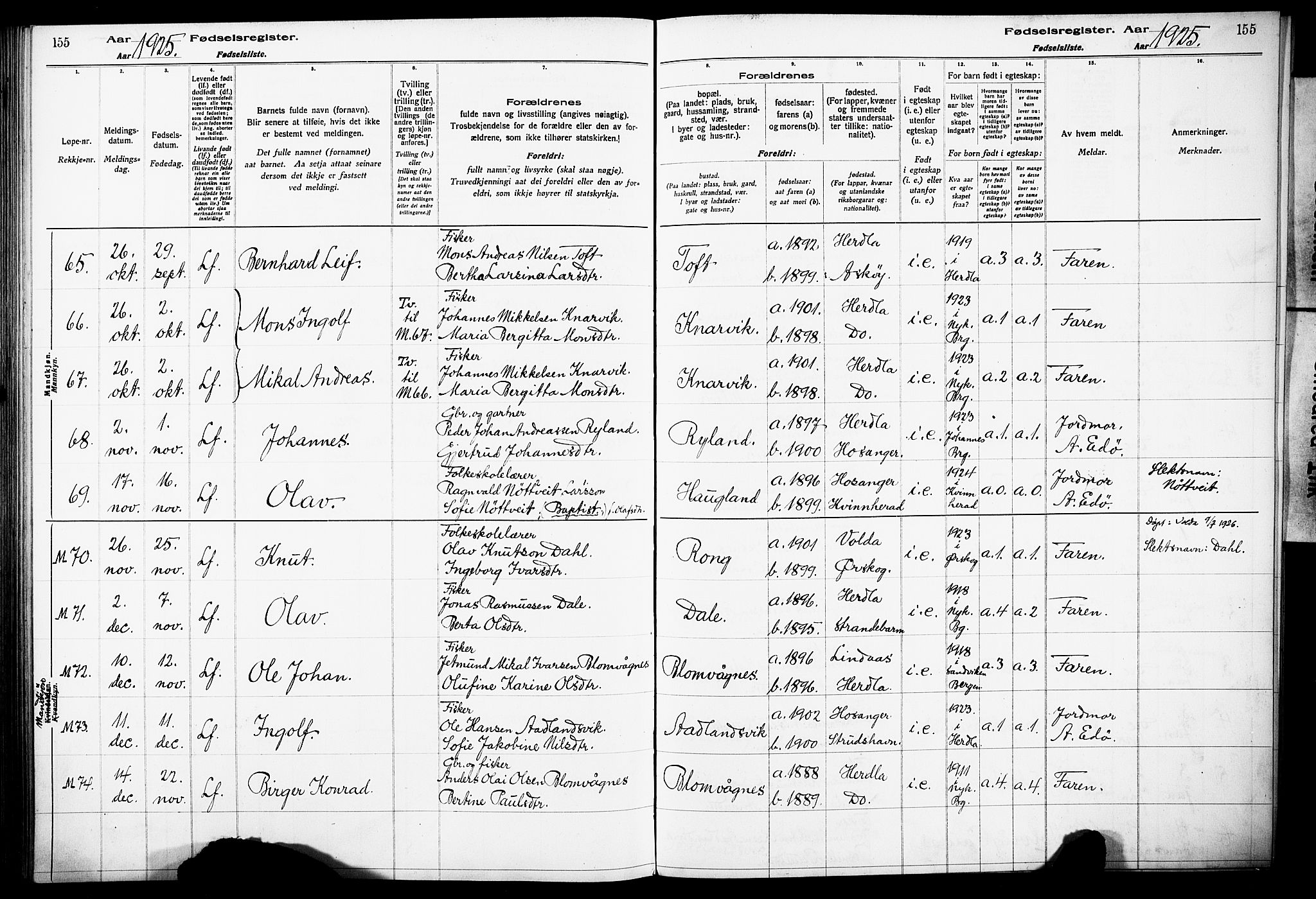 Herdla Sokneprestembete, AV/SAB-A-75701/I/Id/L00A1: Birth register no. A 1, 1916-1929, p. 155