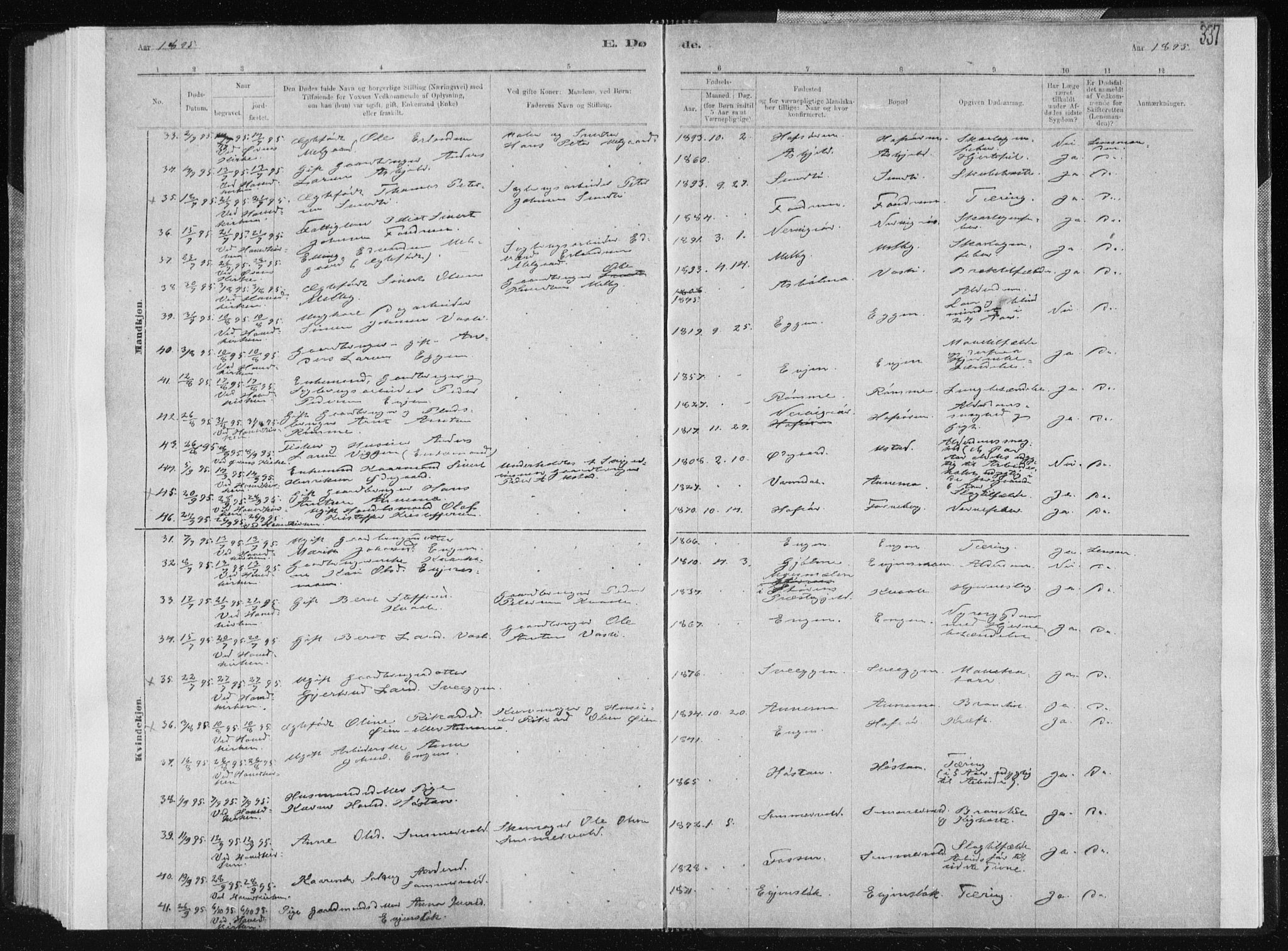 Ministerialprotokoller, klokkerbøker og fødselsregistre - Sør-Trøndelag, AV/SAT-A-1456/668/L0818: Parish register (copy) no. 668C07, 1885-1898, p. 337