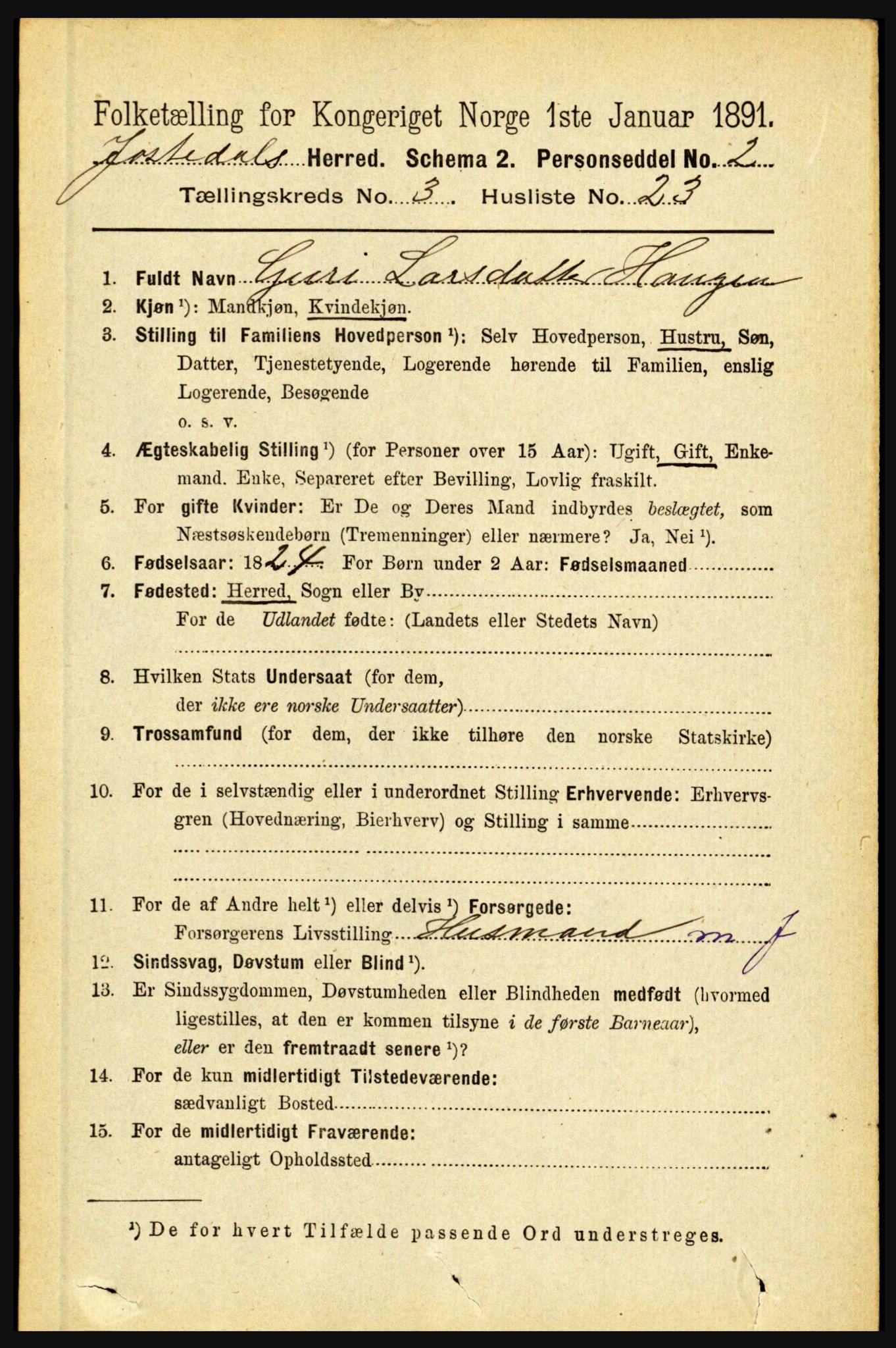 RA, 1891 census for 1427 Jostedal, 1891, p. 1057