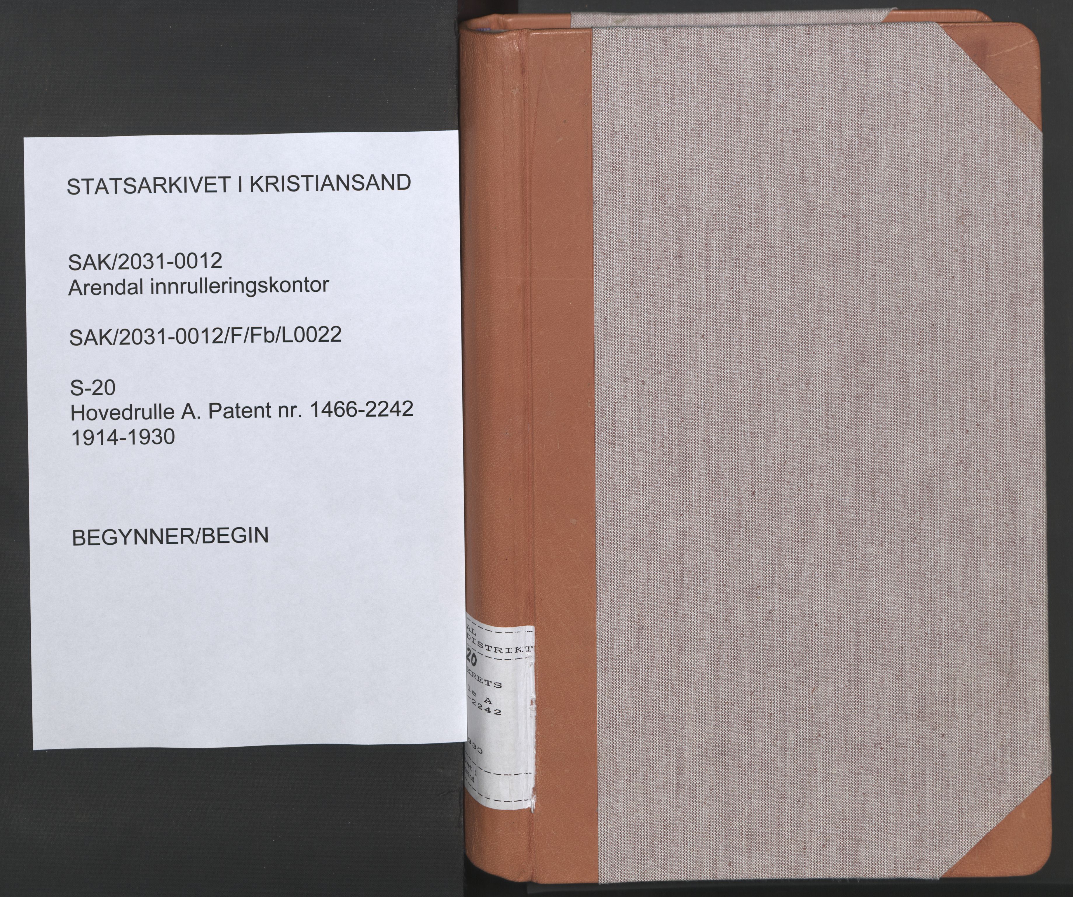 Arendal mønstringskrets, SAK/2031-0012/F/Fb/L0022: Hovedrulle A nr 1466-2242, S-20, 1914-1930, p. 1