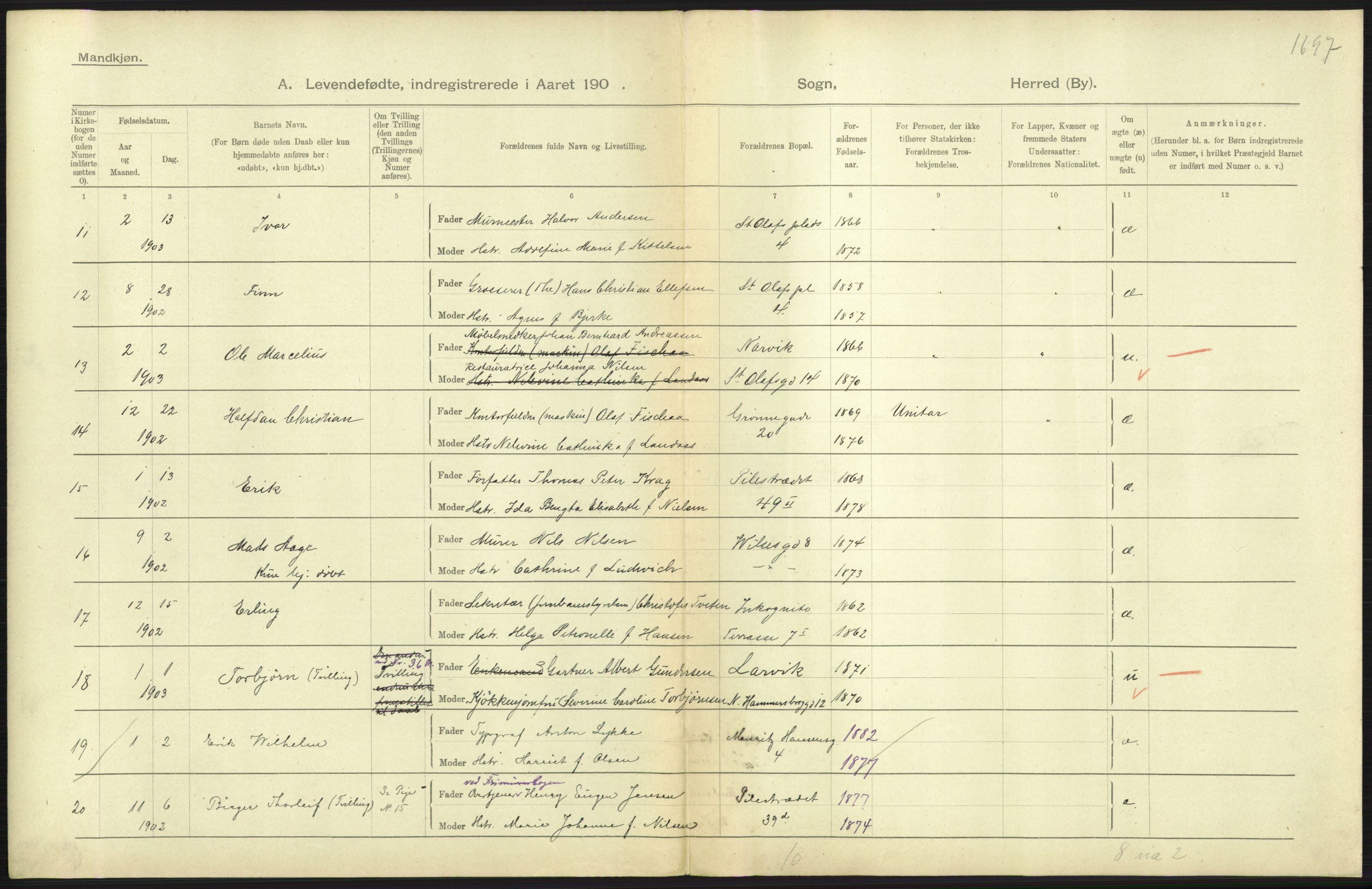 Statistisk sentralbyrå, Sosiodemografiske emner, Befolkning, AV/RA-S-2228/D/Df/Dfa/Dfaa/L0003: Kristiania: Fødte, 1903, p. 223