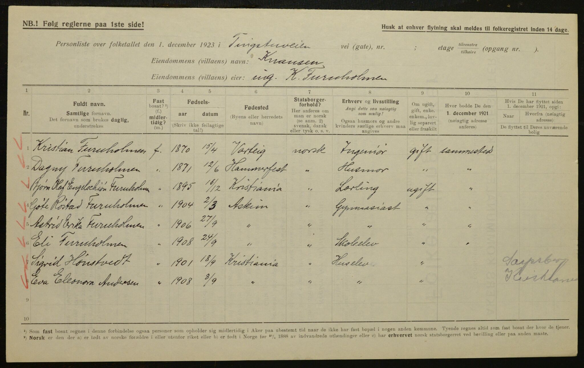 , Municipal Census 1923 for Aker, 1923, p. 73