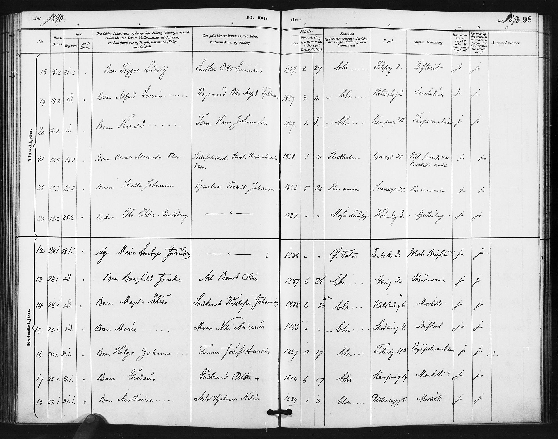 Kampen prestekontor Kirkebøker, AV/SAO-A-10853/F/Fa/L0006: Parish register (official) no. I 6, 1889-1896, p. 98